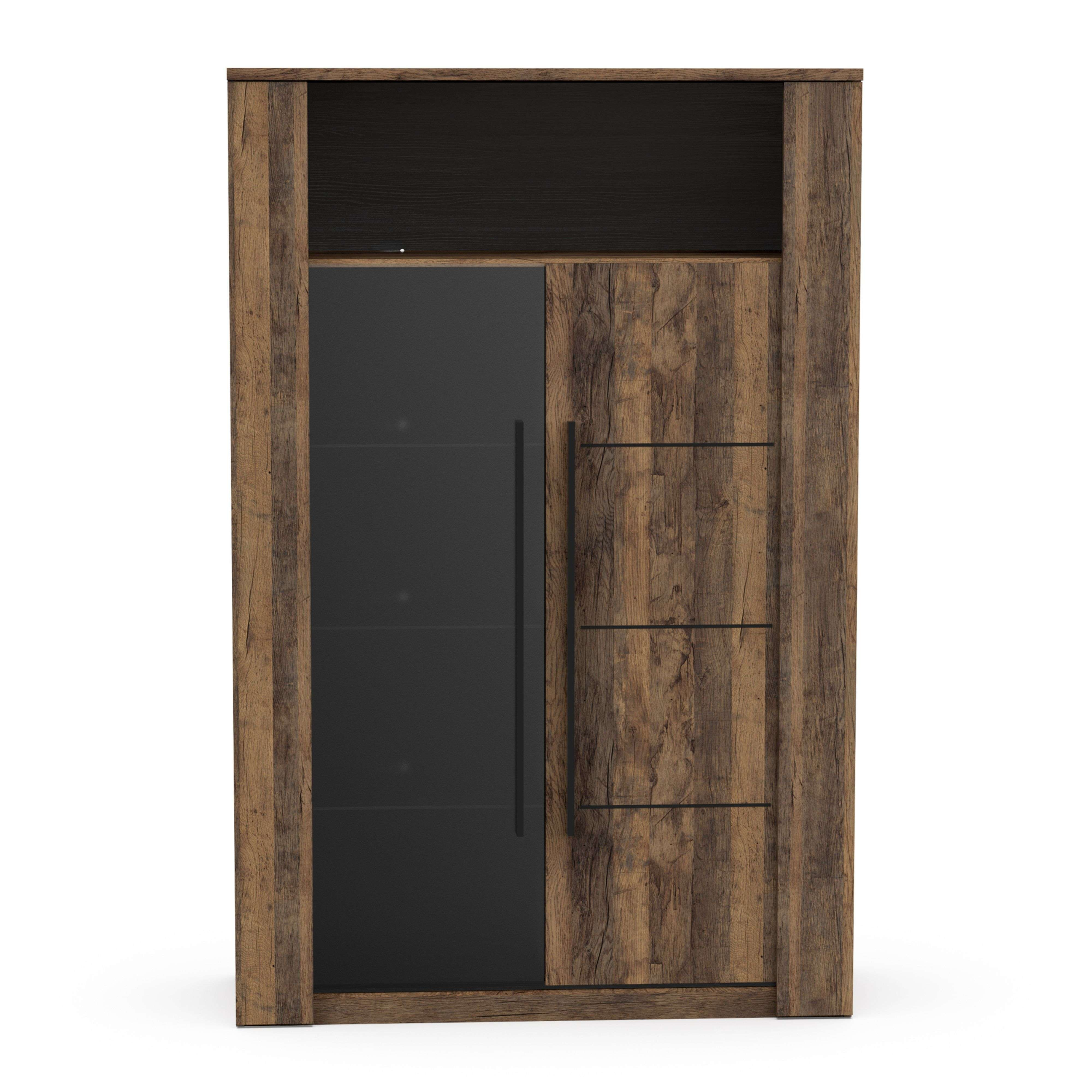Un armario con veta de madera y puerta negra.
