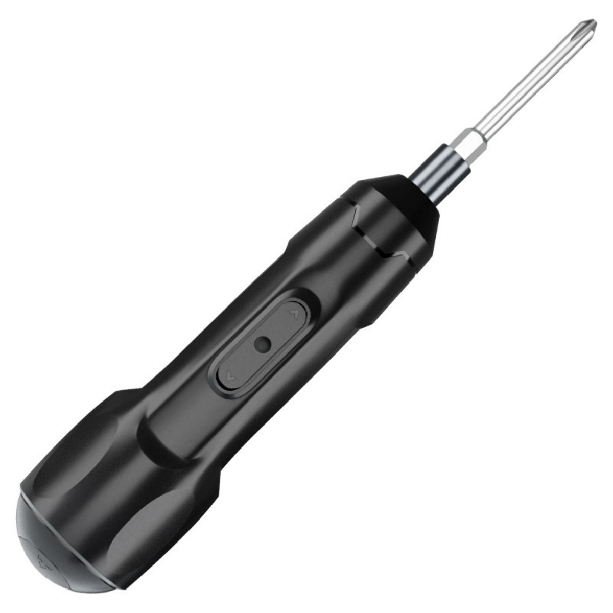 Ein schwarzer elektrischer Schraubendreher mit silberner Spitze und einem Knopf.