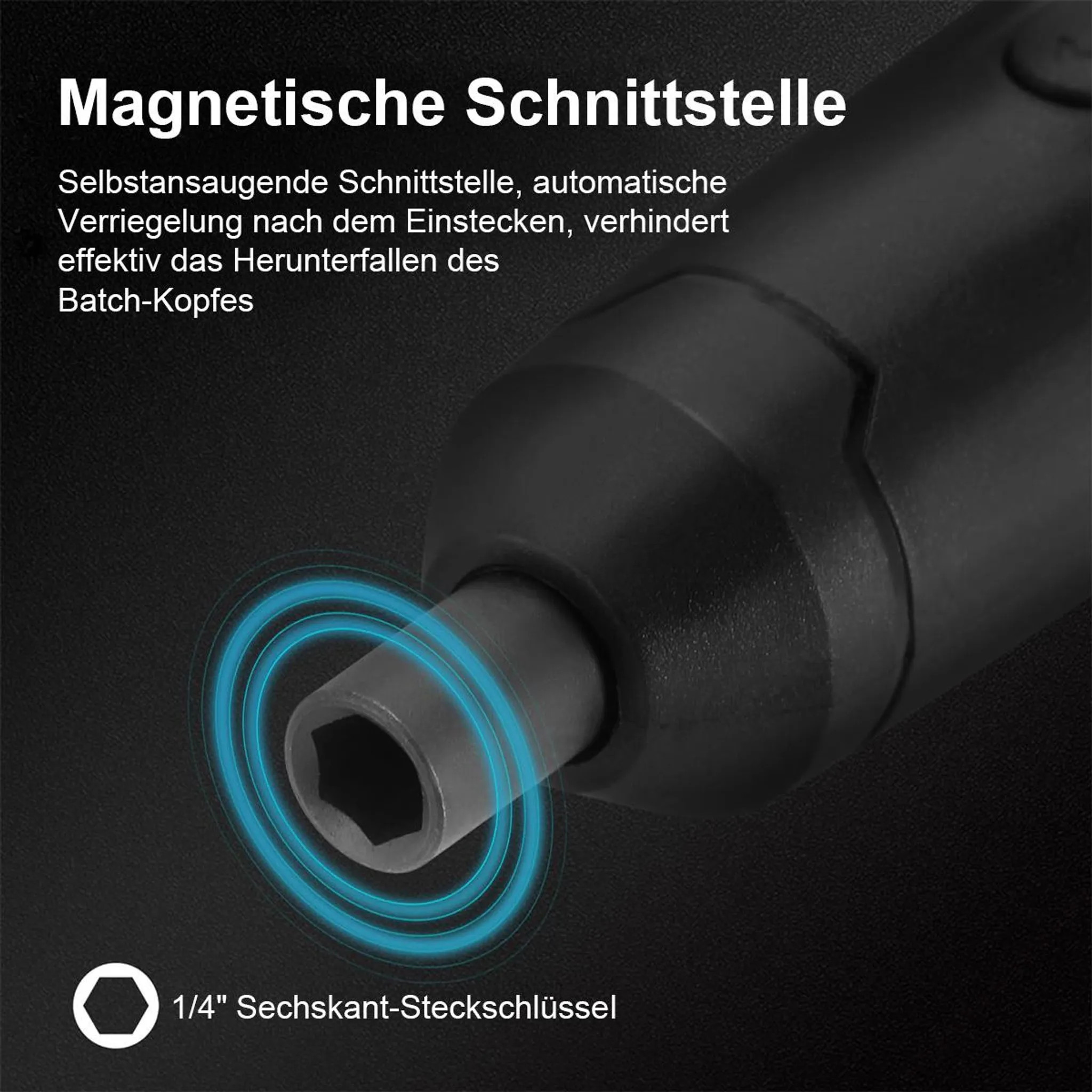 Nahaufnahme eines magnetischen Bitschafts mit Sechskantaufnahme und blauen Ringen.