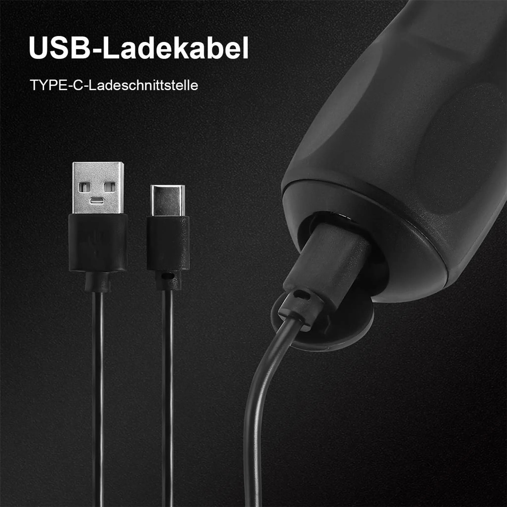 USB-C-Kabel und Stecker auf schwarzem Hintergrund, Nahaufnahme.