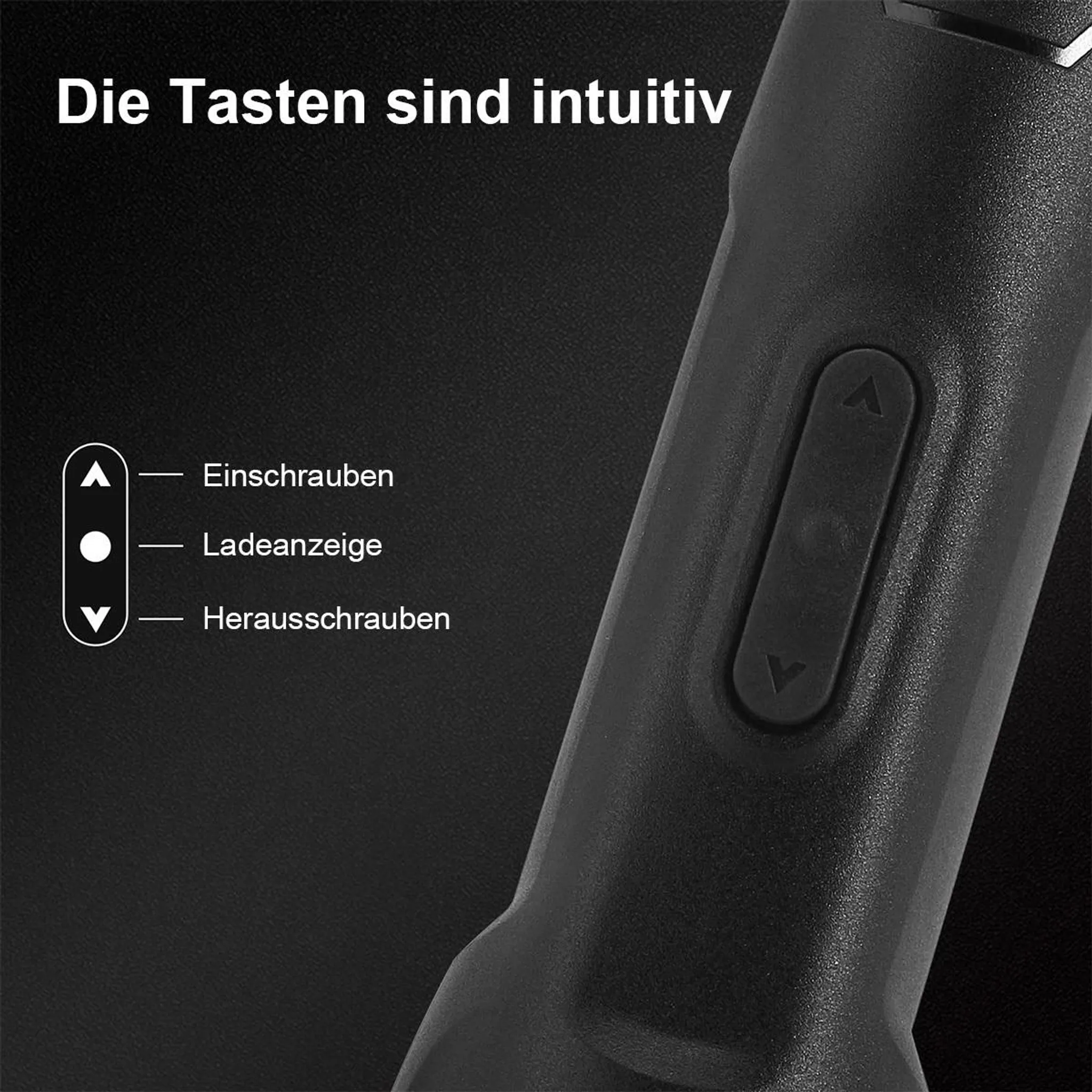 Schwarzes Gerät mit Symbolen: Pfeil nach oben, Kreis, Pfeil nach unten.