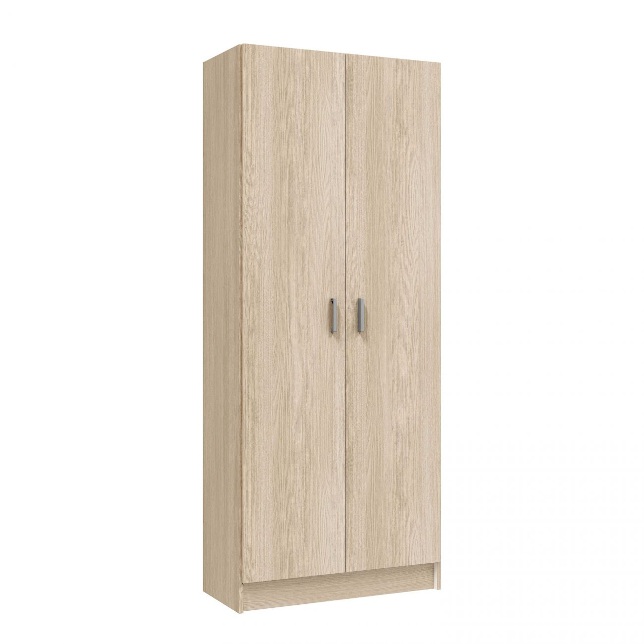 Un armario estrecho de madera clara con dos puertas y tiradores plateados.
