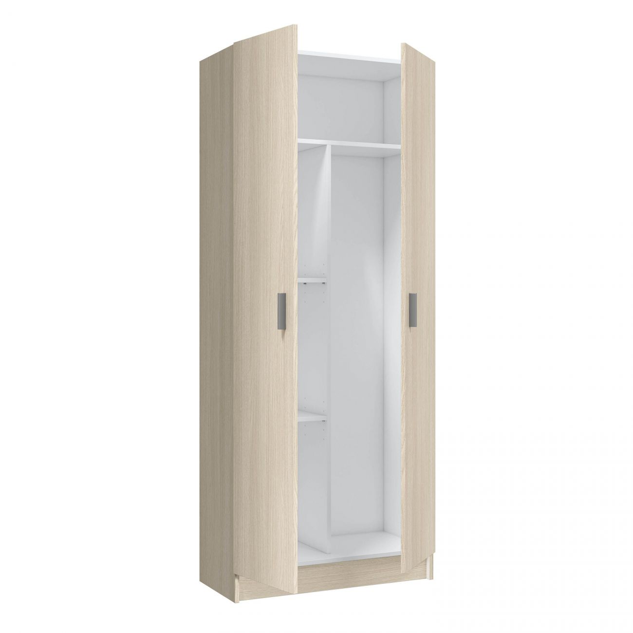 Un armario de madera clara con dos puertas abiertas, interior blanco y estantes.