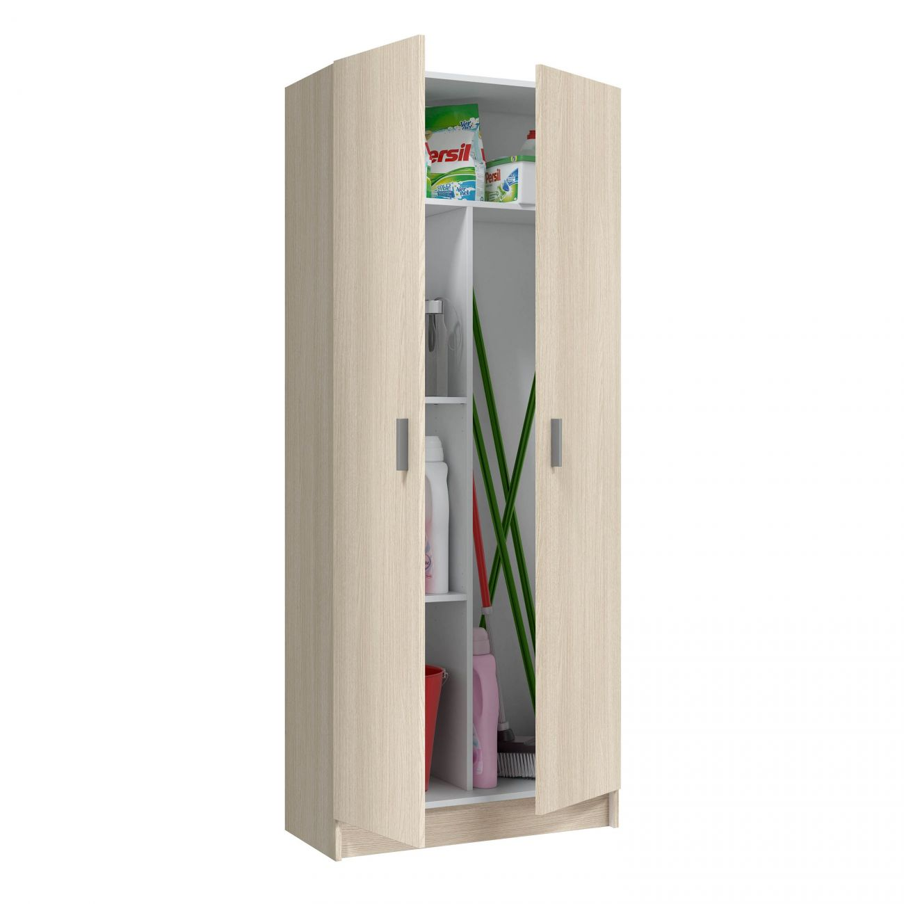 Un armario de madera clara con puertas abiertas, lleno de productos de limpieza y escobas.