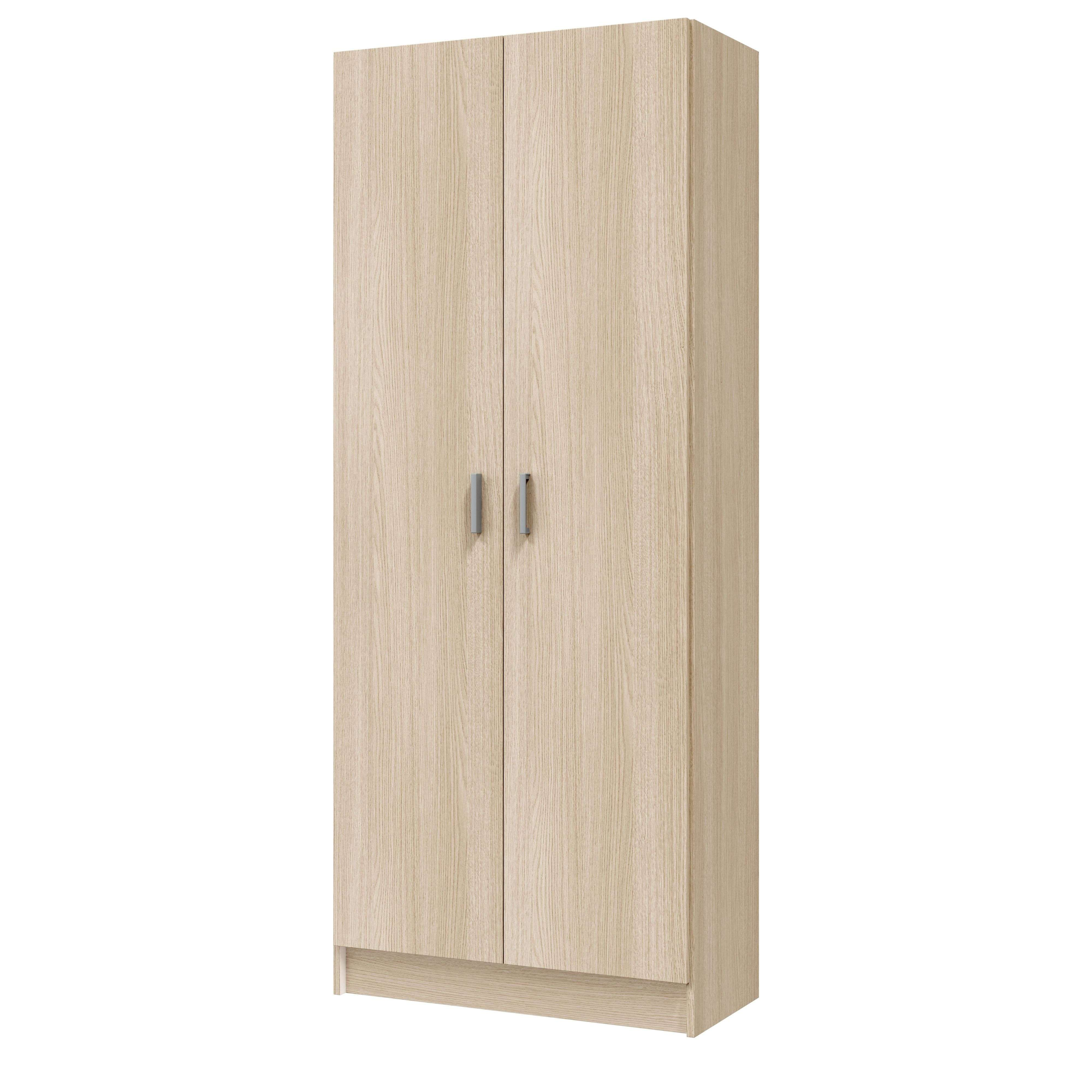 Un armario de madera clara con dos puertas y tiradores plateados.