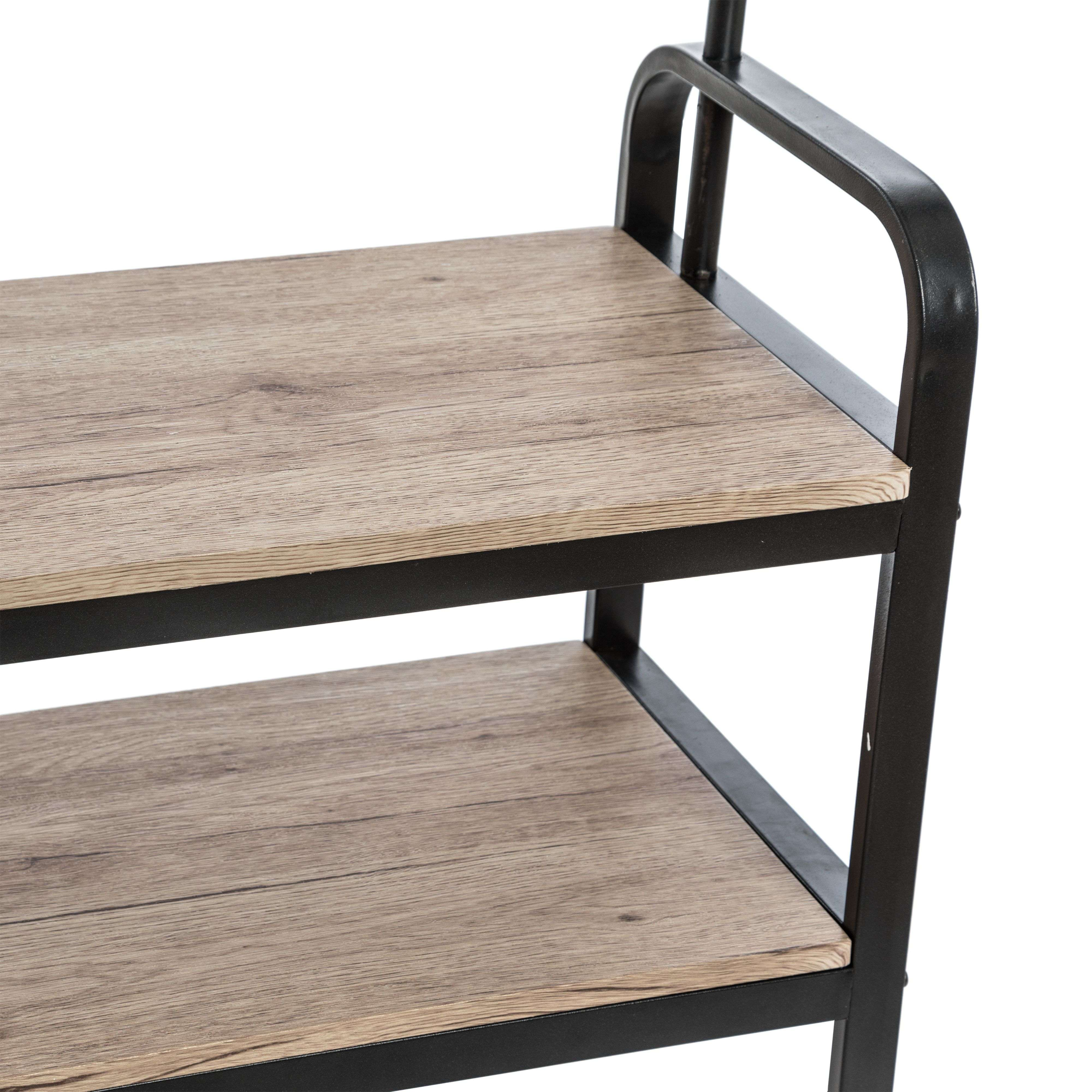 Estante metálico negro con dos tablones de madera, fondo blanco.