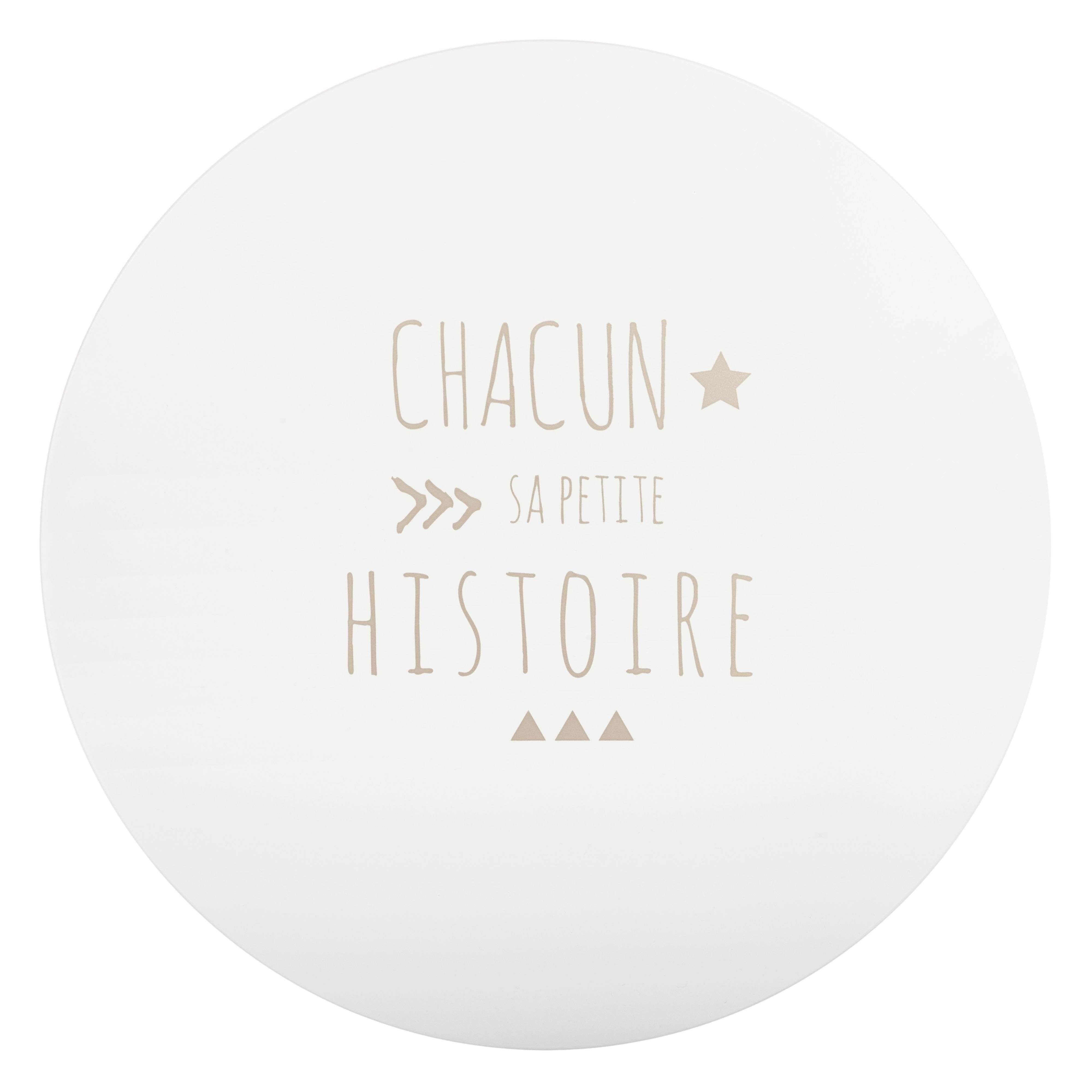 Pegatina redonda blanca con texto 'Chacun SA PETITE HISTOIRE' y estrellas.