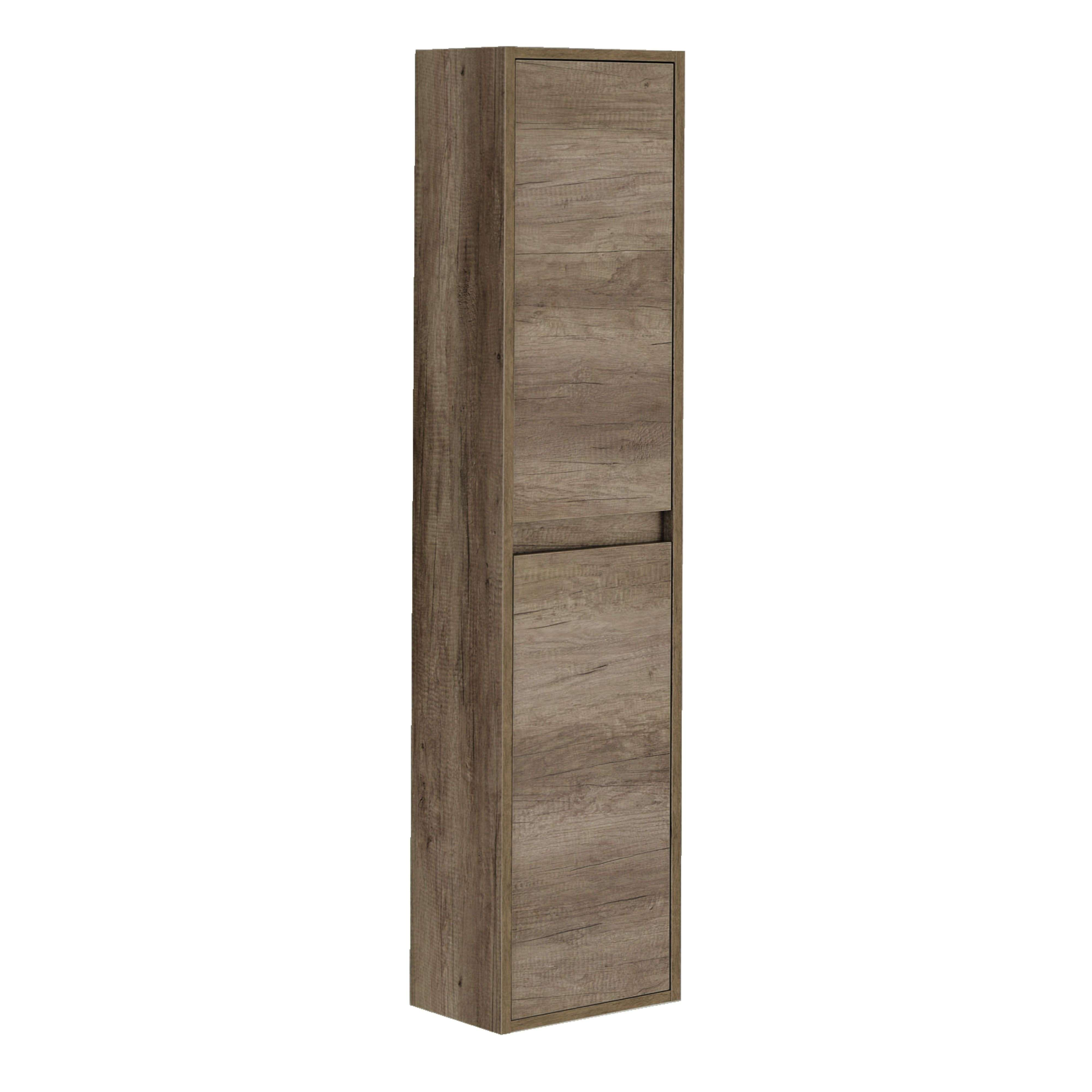 Un armario estrecho y alto de imitación madera con dos puertas.