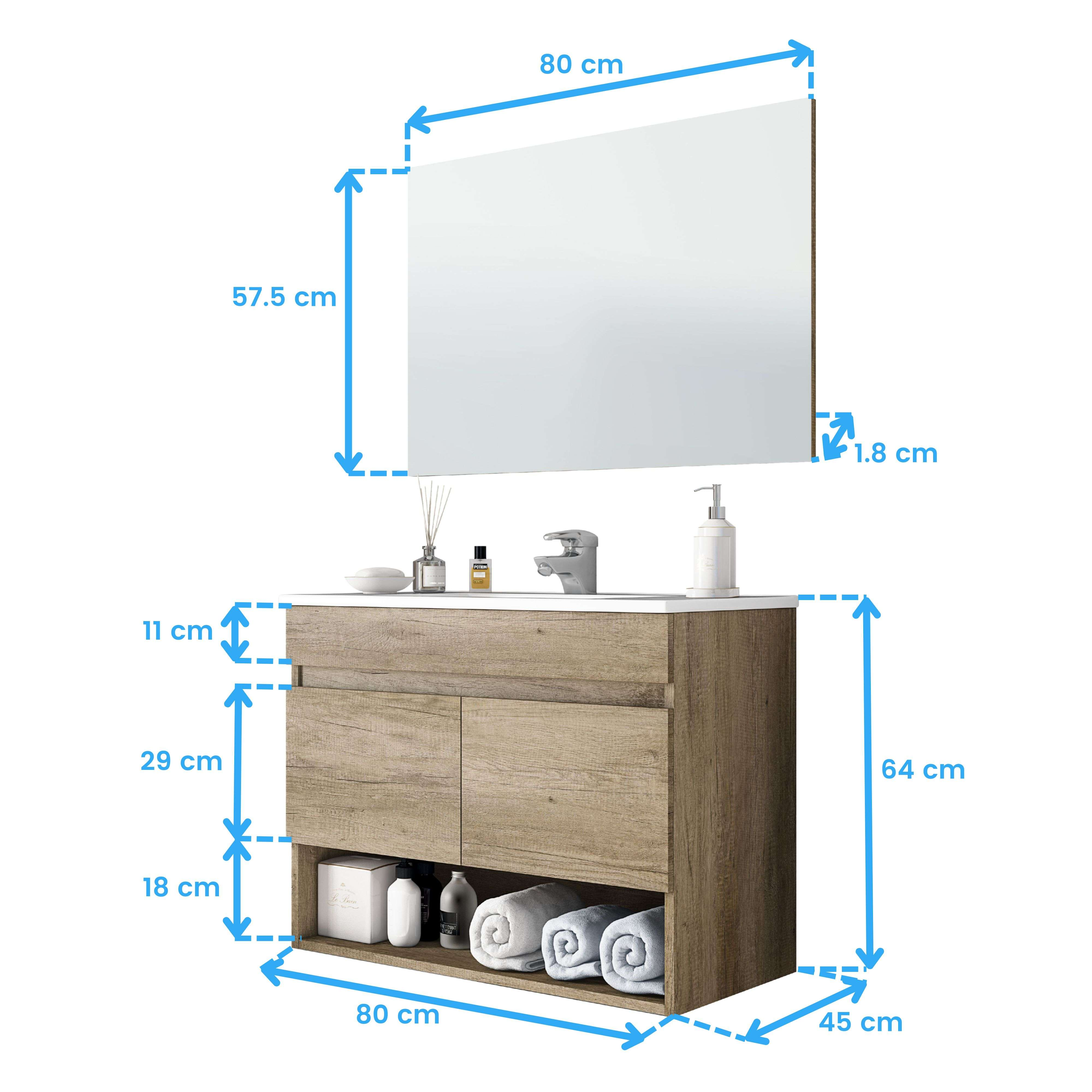 Mueble de baño de madera con espejo, jabón, botellas y toallas.