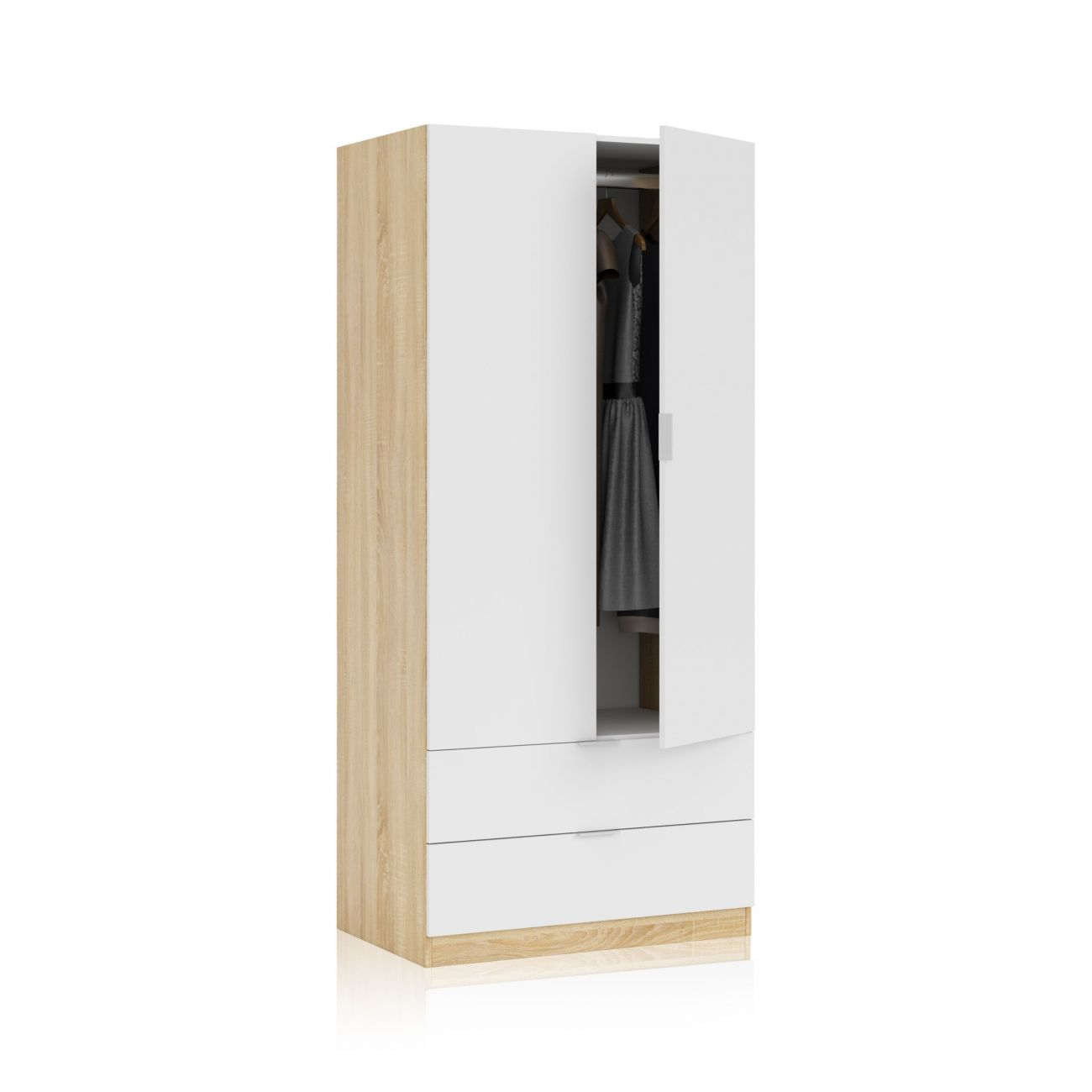 Un armario blanco con detalles de madera y dos cajones, una puerta está abierta.