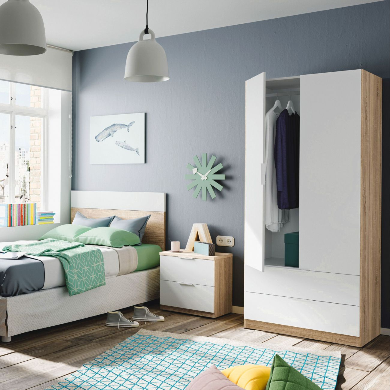 Dormitorio moderno con cama, mesita de noche, armario y cuadro de ballena.