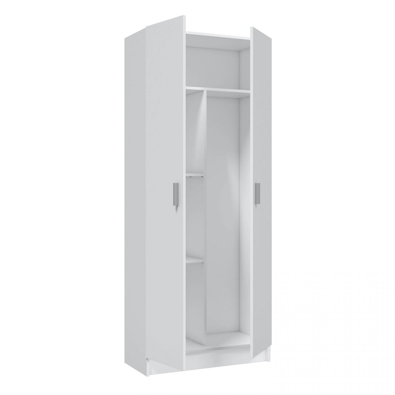 Un armario blanco con dos puertas abiertas, estantes visibles y barra de colgar.