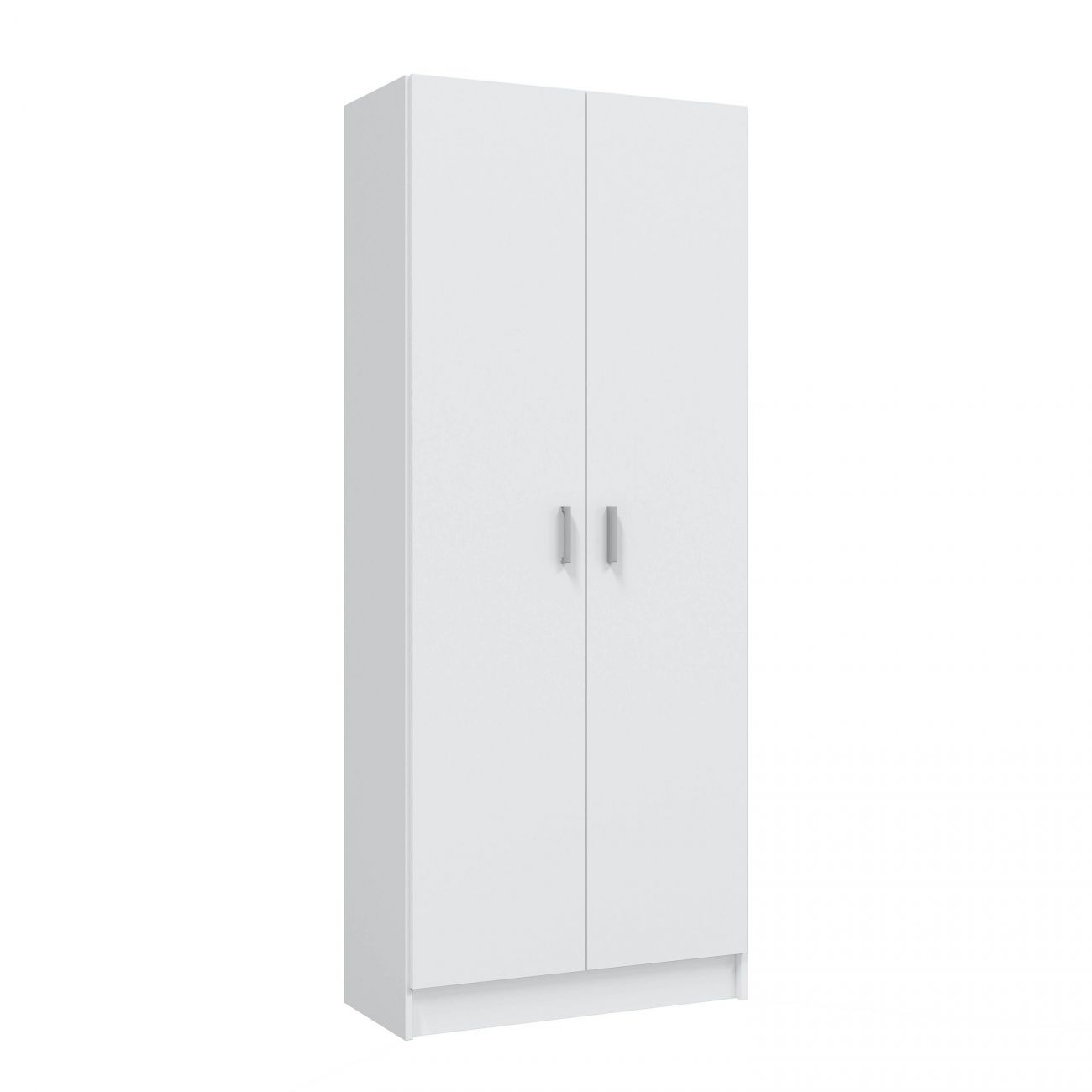 Un armario blanco alto y estrecho con dos puertas y tiradores plateados.