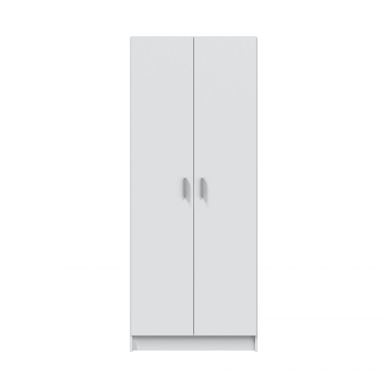 Un armario blanco de dos puertas con tiradores plateados sobre fondo blanco.