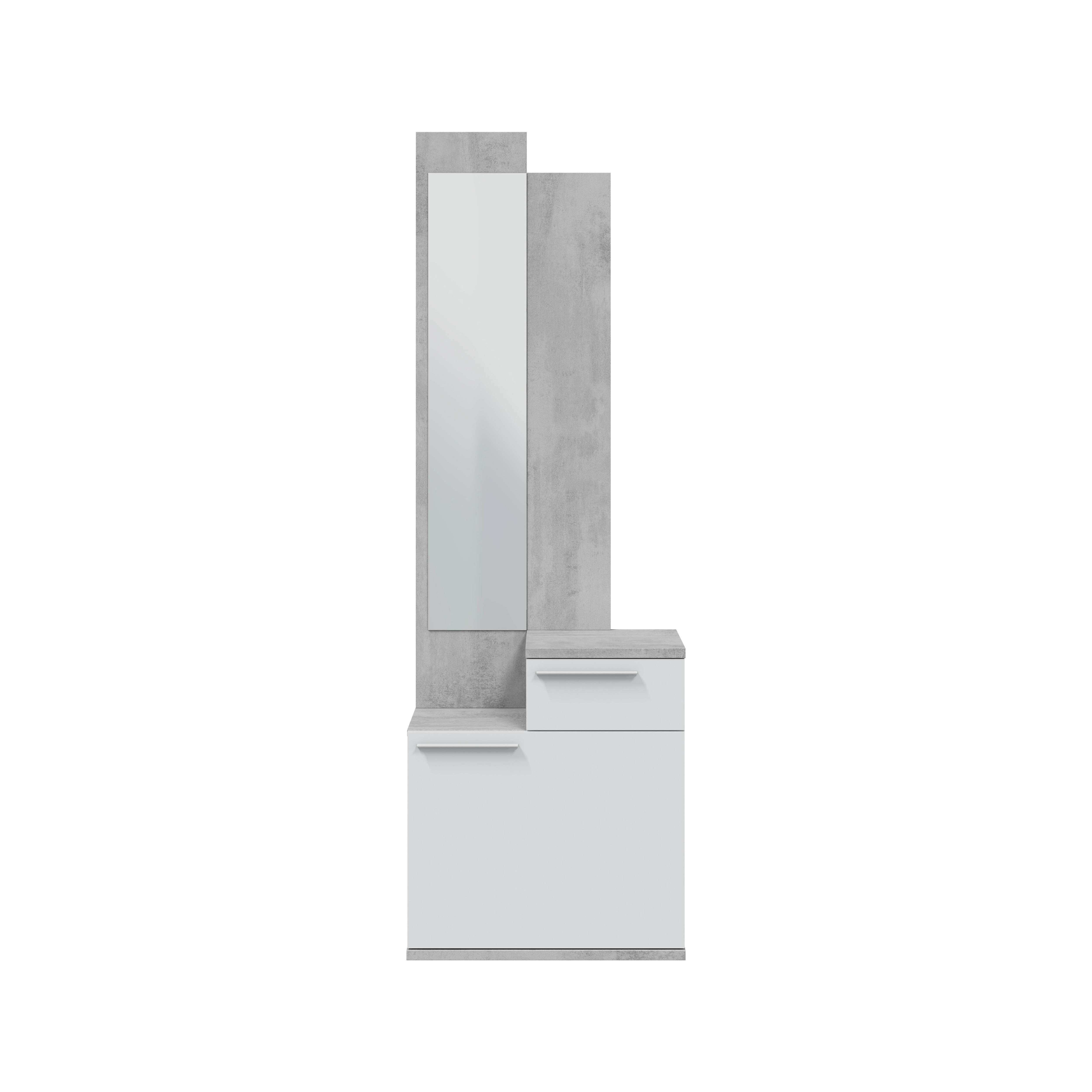 Mueble blanco con espejo y elementos de aspecto de hormigón.