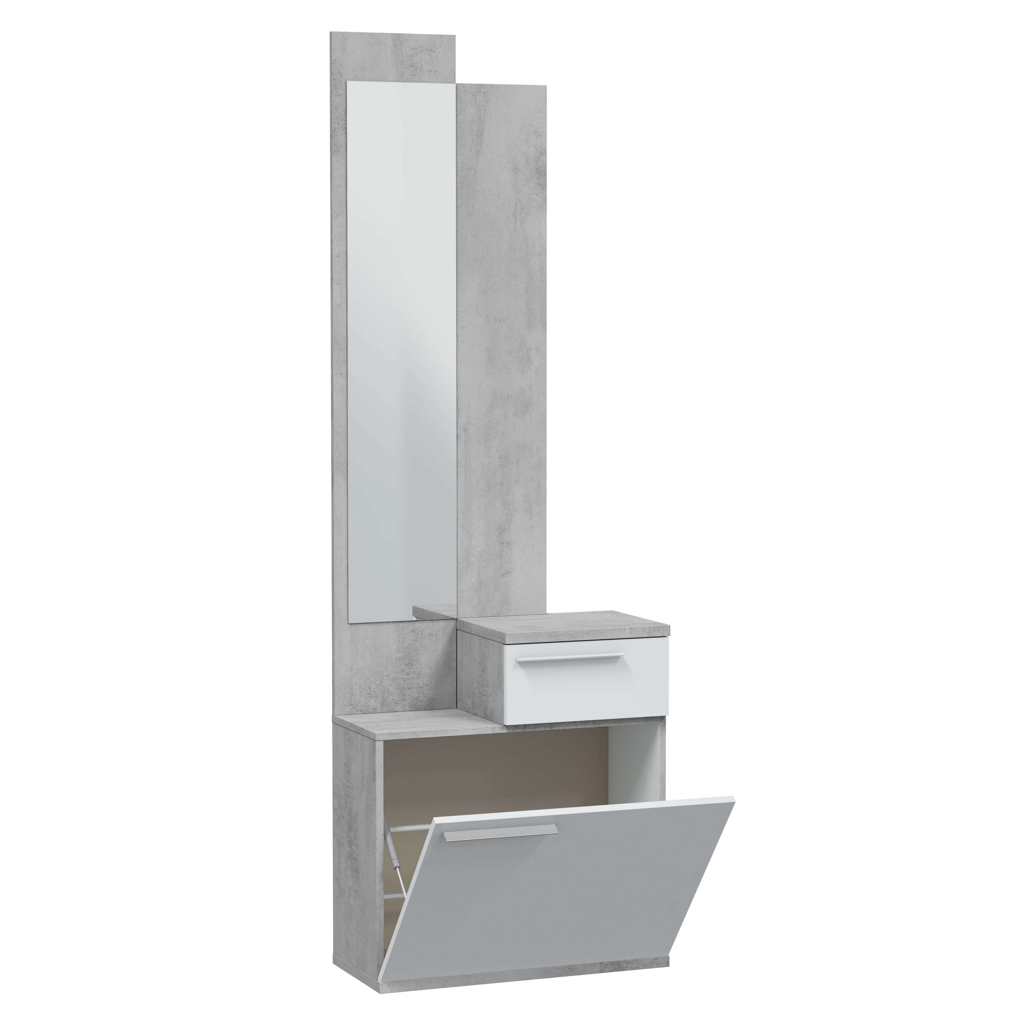 Mueble gris con espejo, cajón blanco y estante abierto abajo.