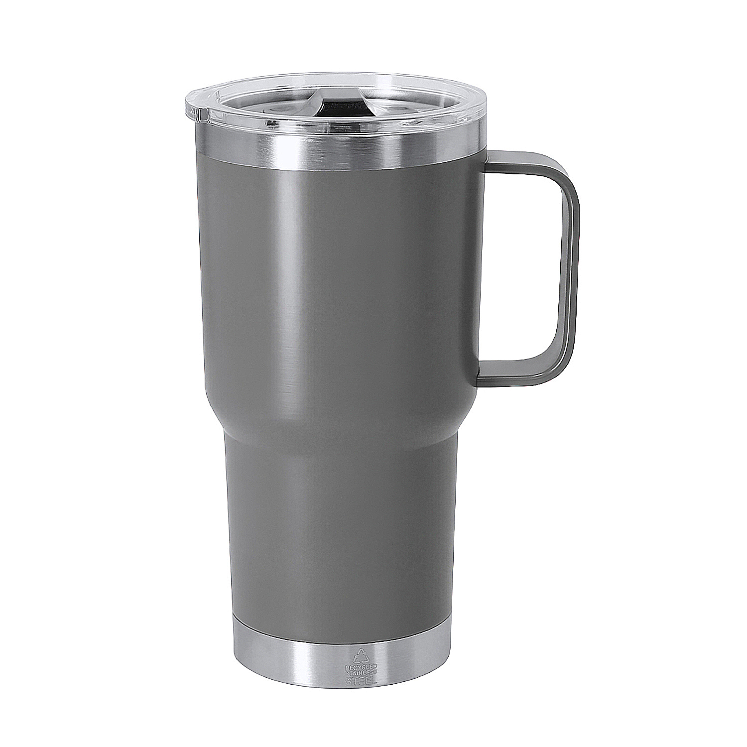 Grauer Becher mit Griff und transparentem Deckel, auf weißem Hintergrund.