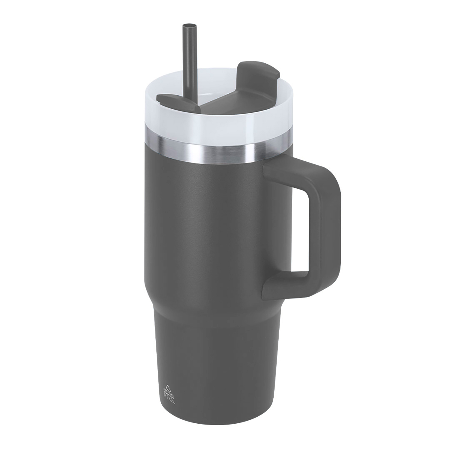 Grauer Becher mit Griff und Strohhalm