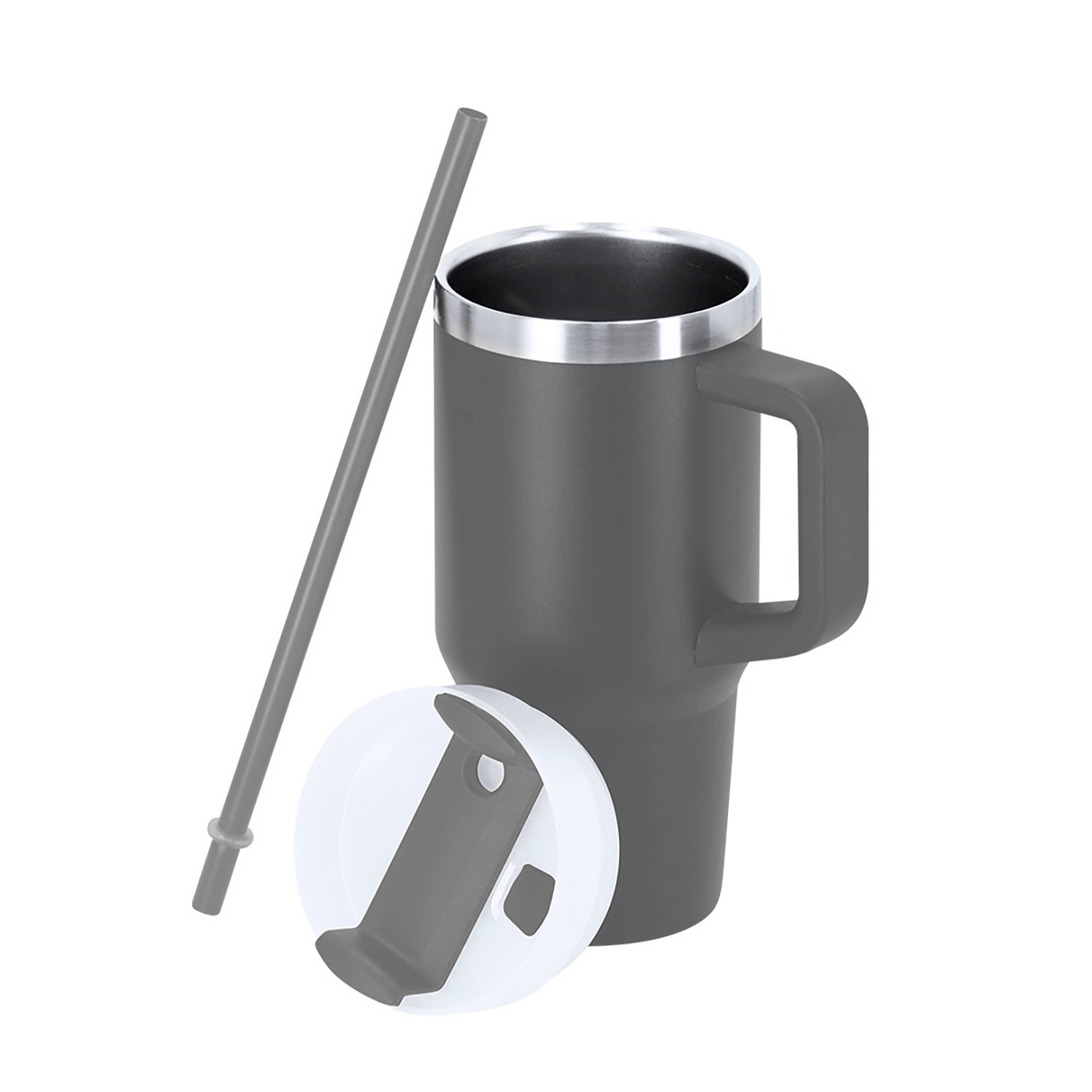 Ein grauer Becher mit Griff und Strohhalm daneben, mit einem weißen Deckel.