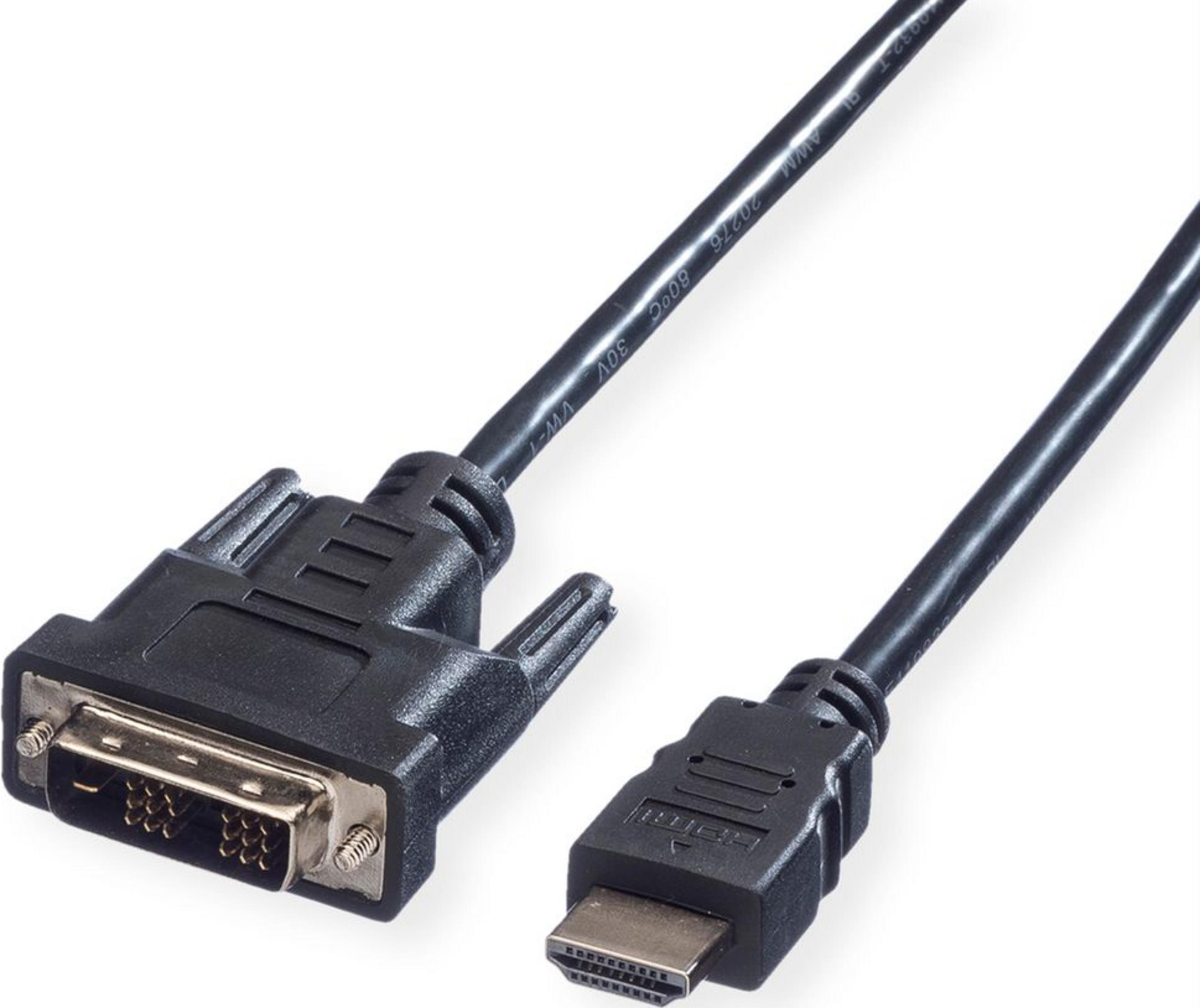 Un câble DVI vers HDMI noir avec connecteurs dorés sur fond blanc.