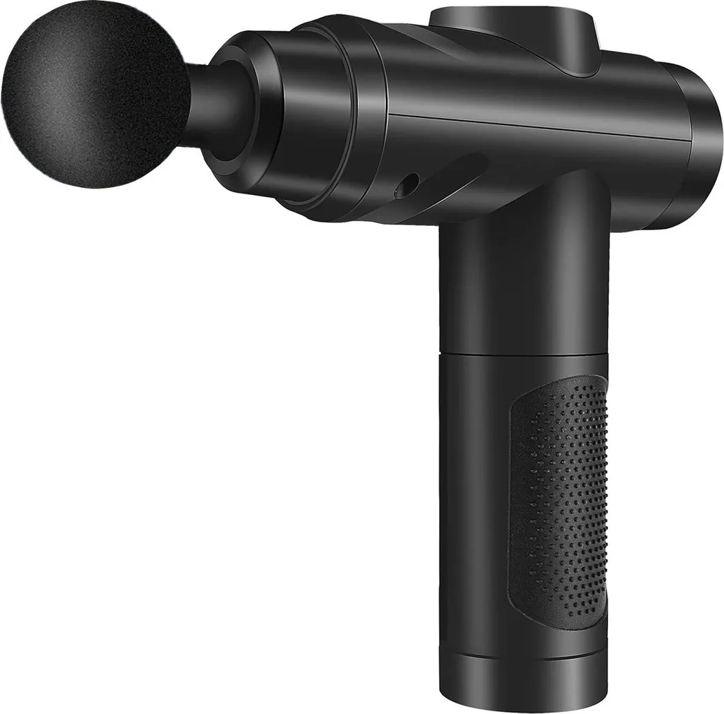 Schwarzes Massagegerät mit rundem Aufsatz und ergonomischem Griff.