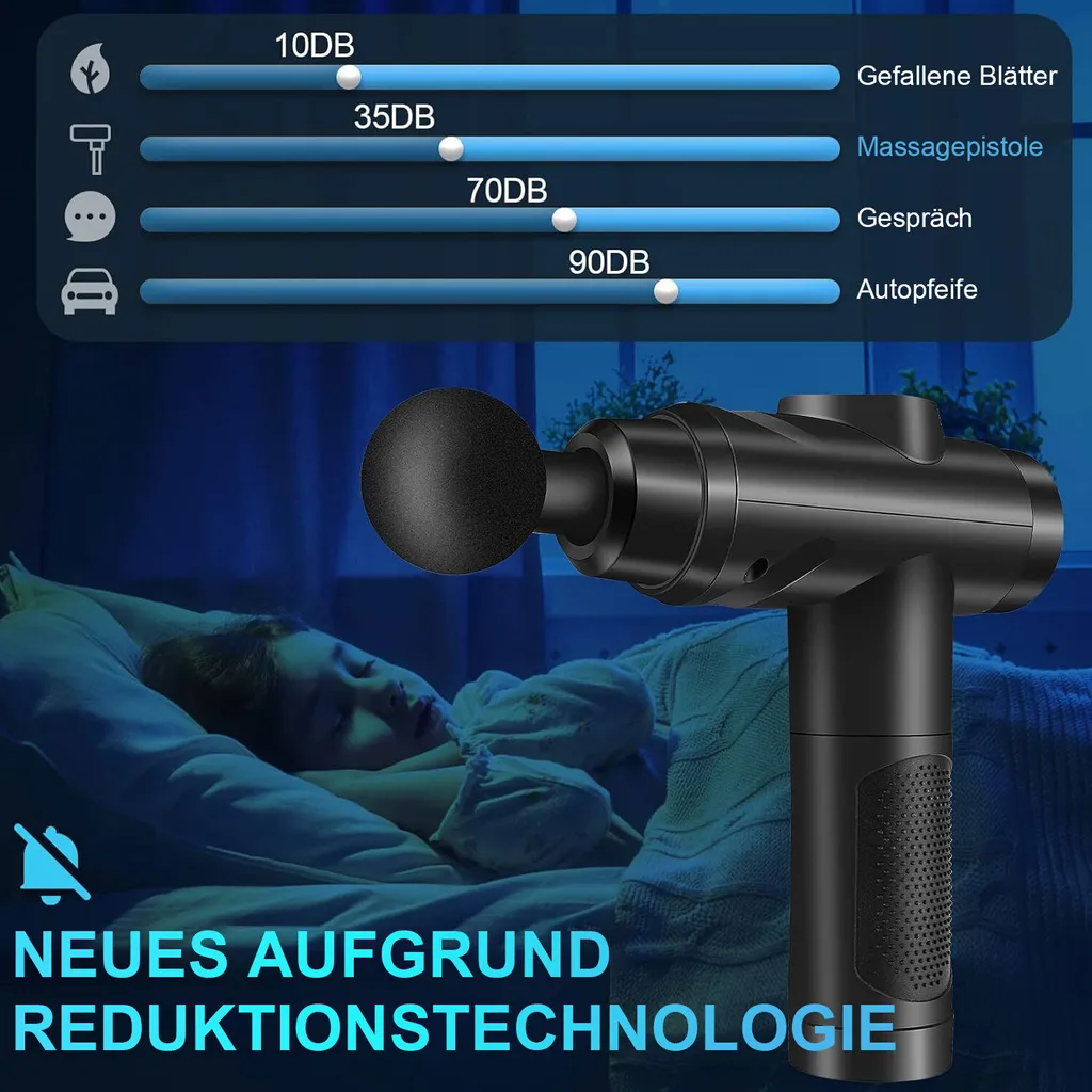 Massagepistole neben schlafender Person, Geräuschpegel-Anzeige.
