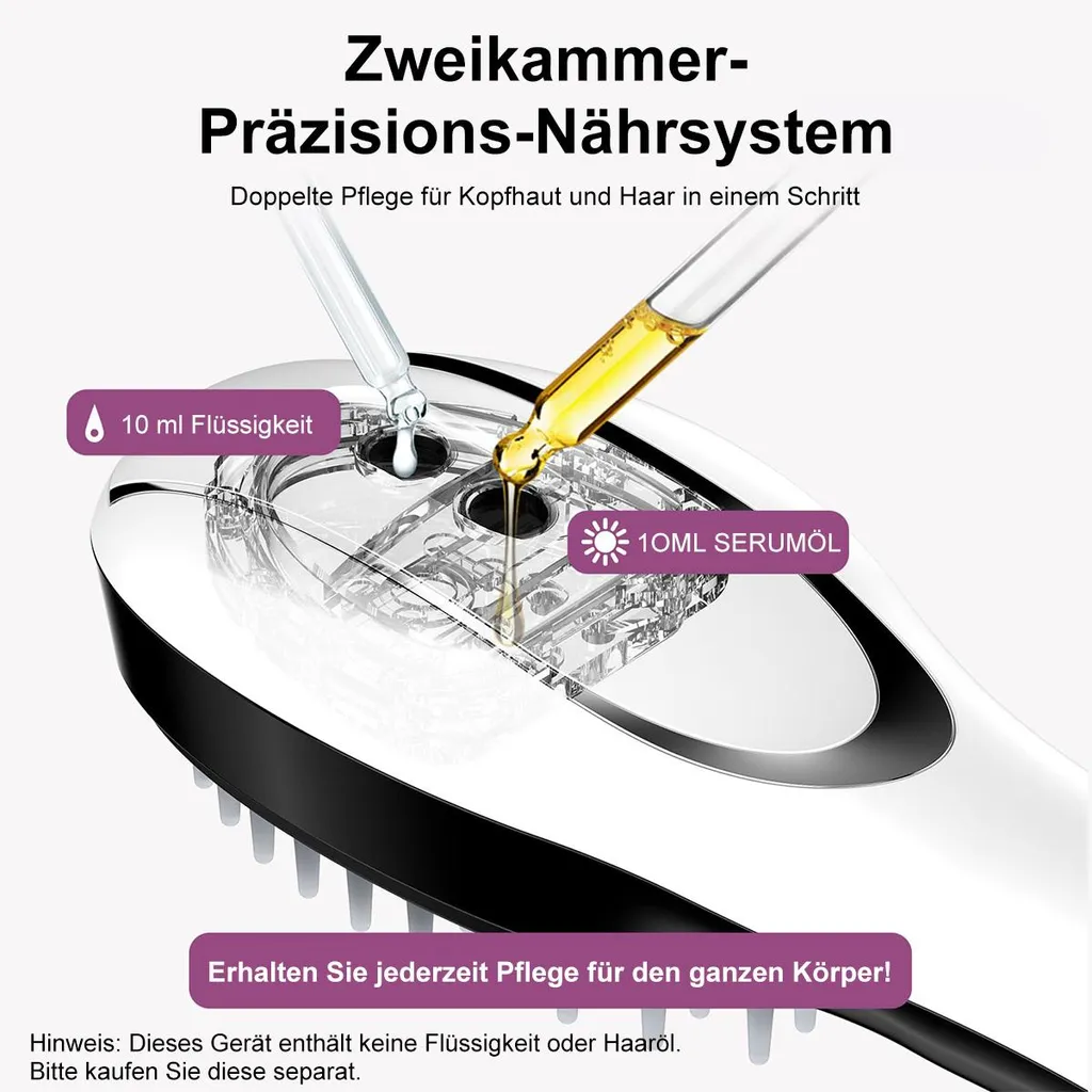 Ein Präzisions-Nährsystem mit zwei Kammern, das Flüssigkeit und Serumöl auf eine Bürste tropft.