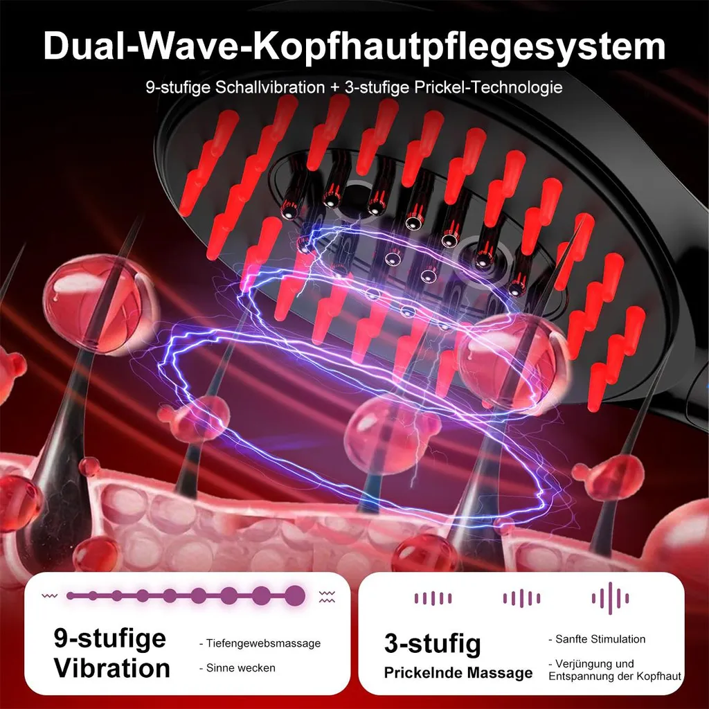 Kopfhautpflegegerät mit roten Borsten, das Vibrationen und prickelnde Technologie demonstriert.