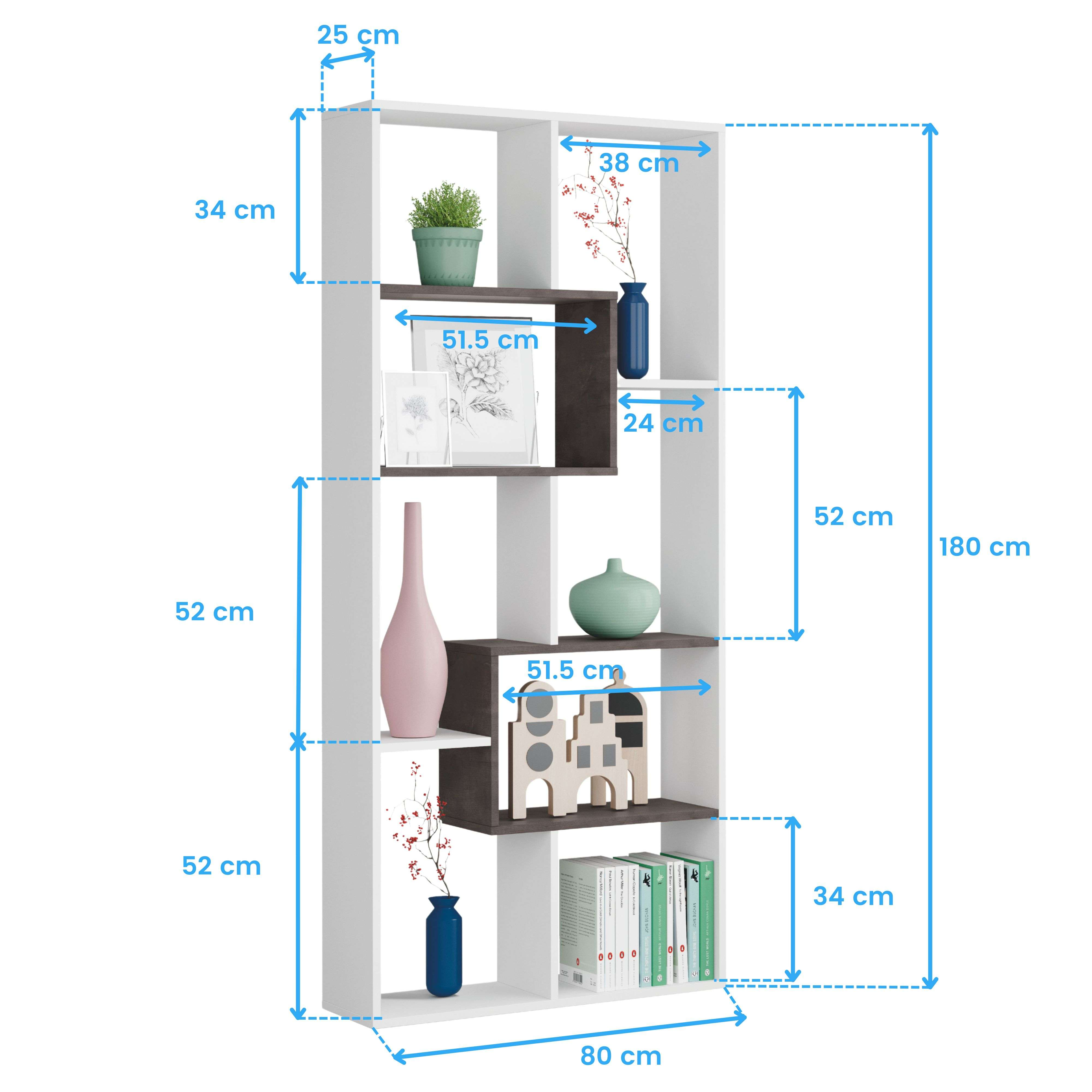 Una estantería blanca con decoración y libros, se muestran las dimensiones.