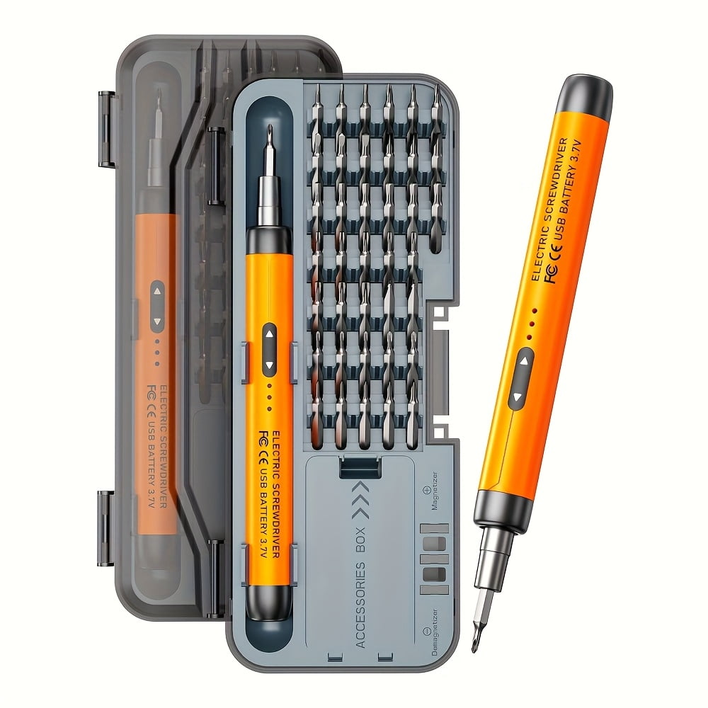 Orange Elektroschrauber-Set mit vielen Bits in einem grauen Koffer.