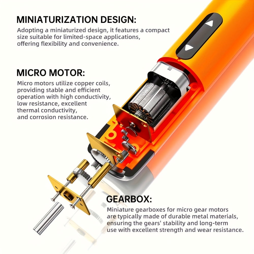Orangefarbenes Werkzeug mit freigelegtem Motor und Getriebe. Miniaturisierung, Mikro-Motor, Getriebe.