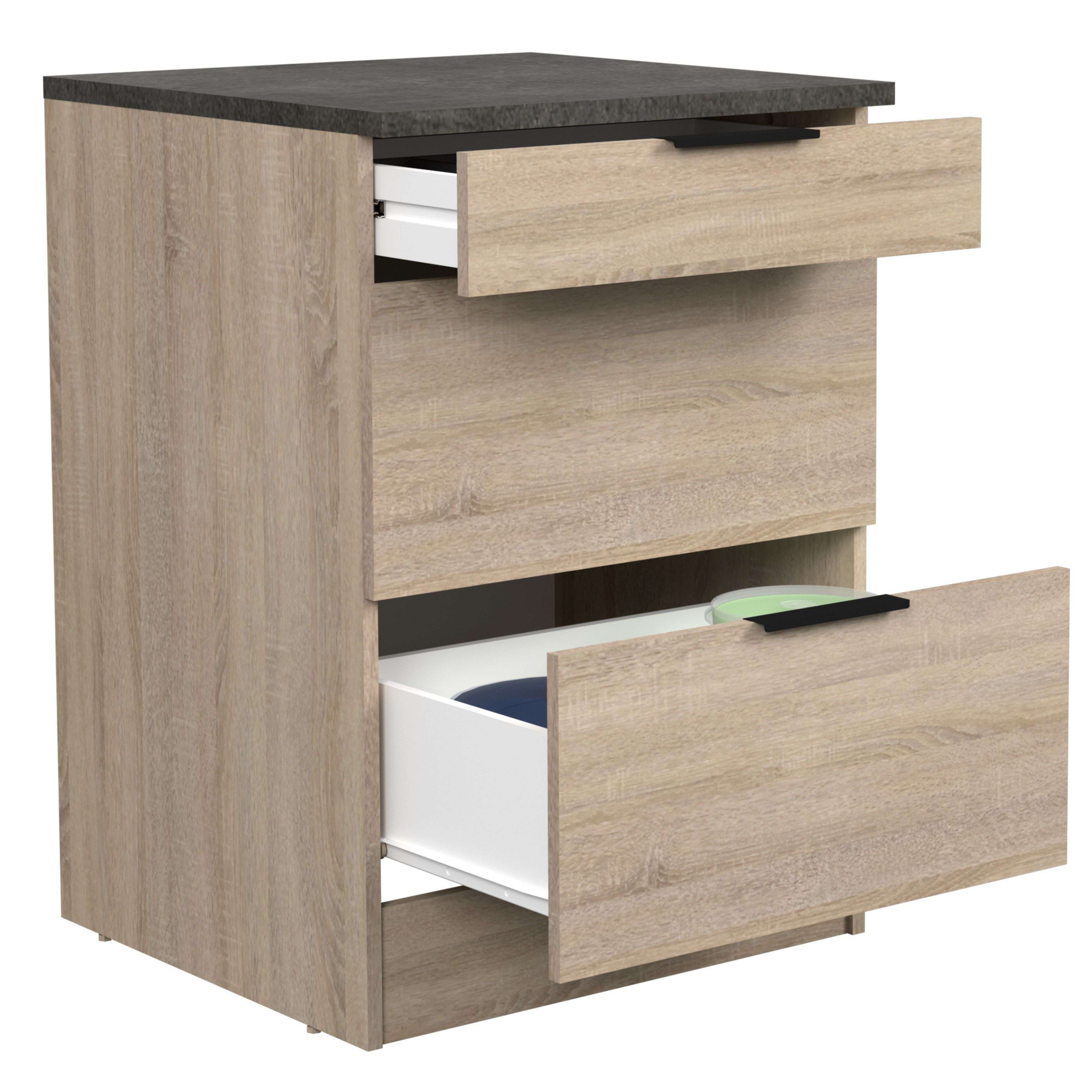 Cómoda de madera con tapa efecto piedra oscura, dos cajones abiertos.