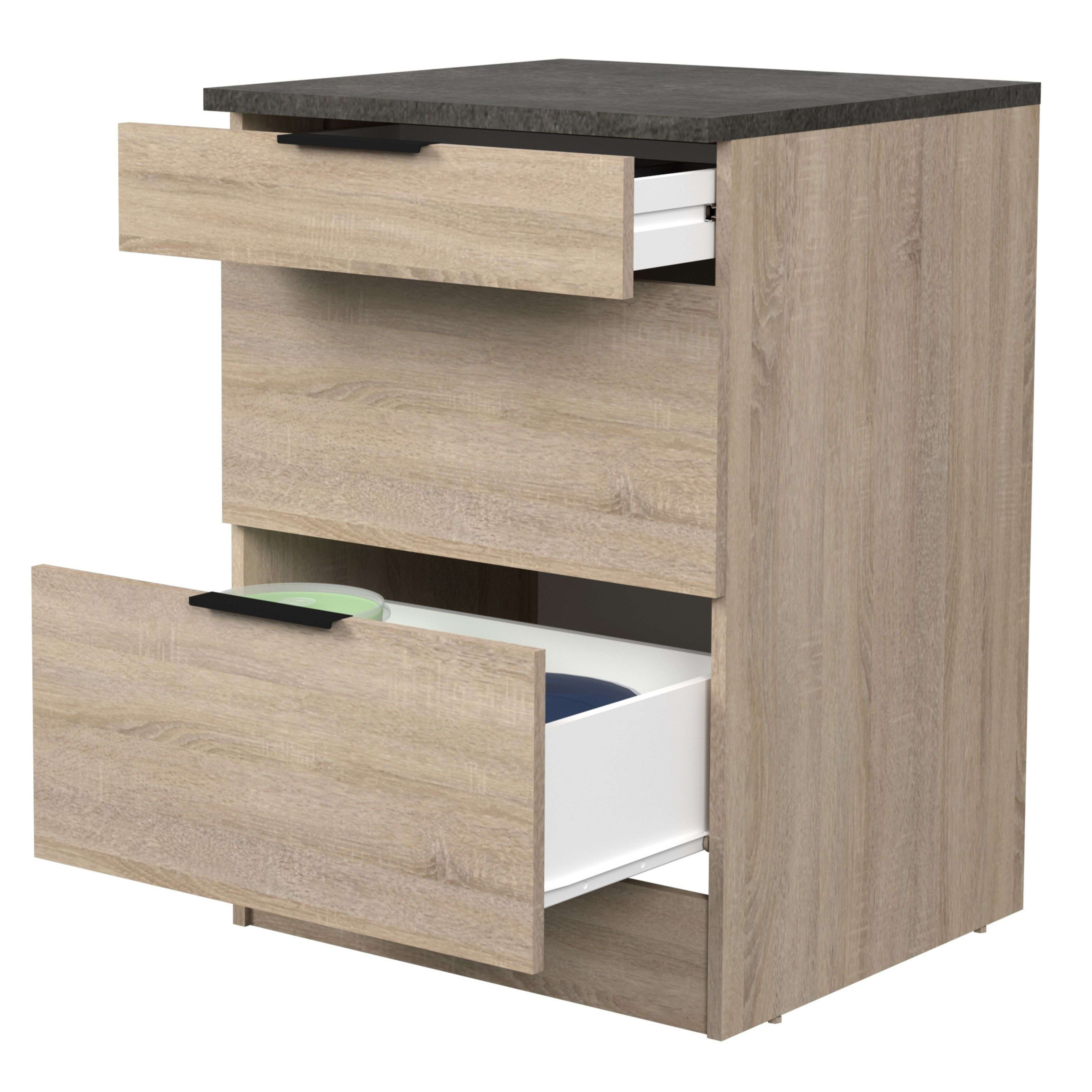 Cómoda de madera con tapa oscura, dos cajones abiertos con tiradores.