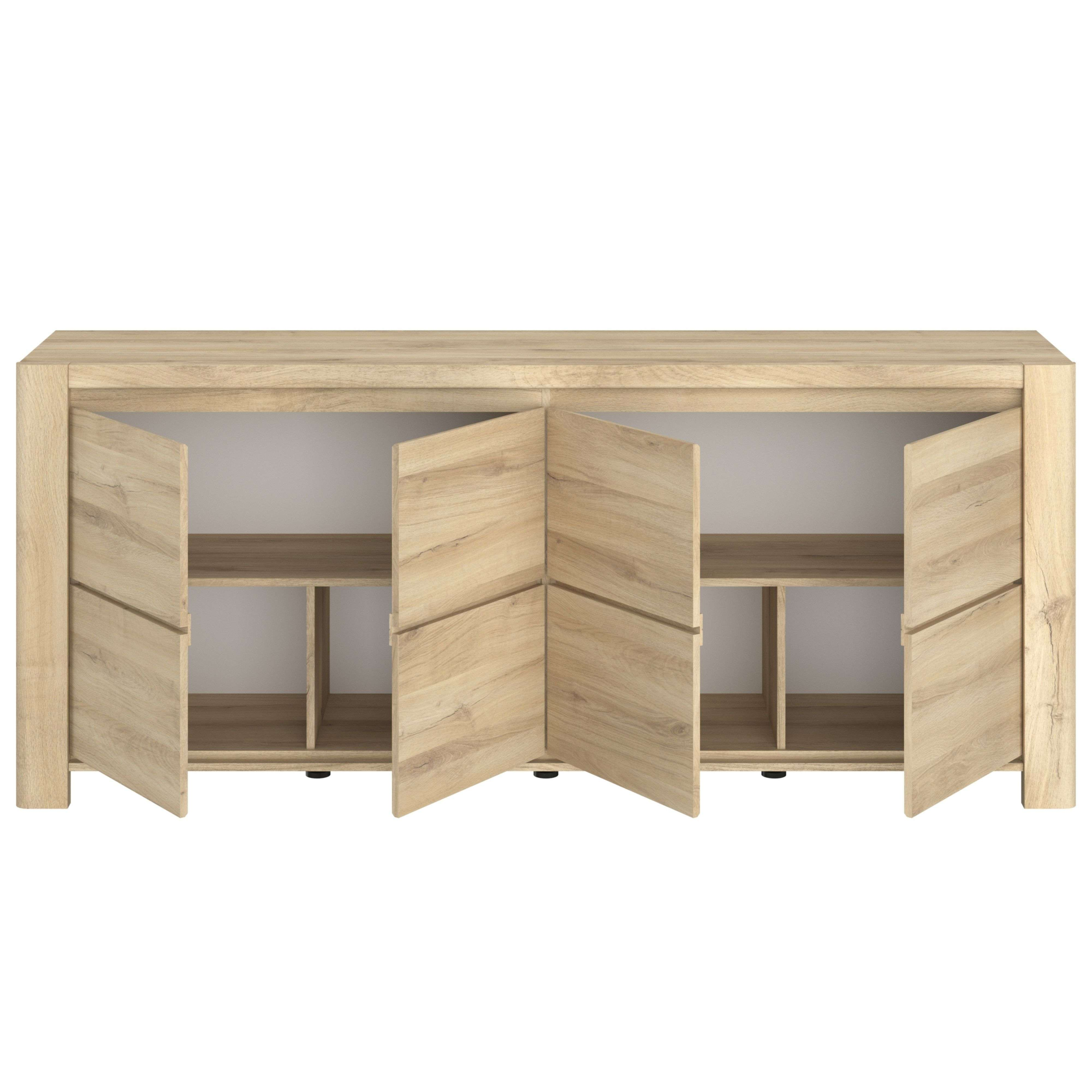 Un aparador de madera clara con seis puertas abiertas, que muestran estantes.