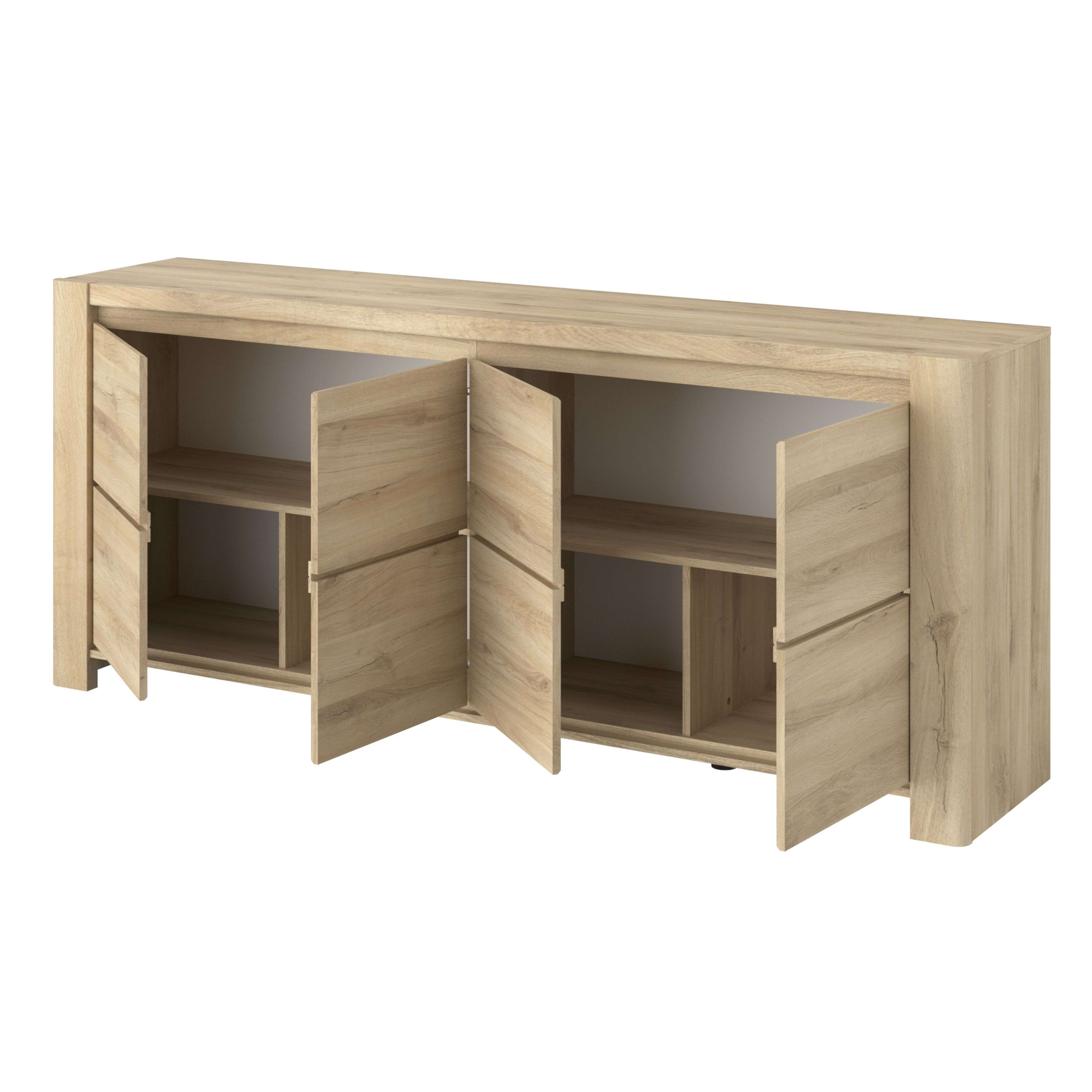 Aparador de madera con cuatro puertas abiertas y estantes.