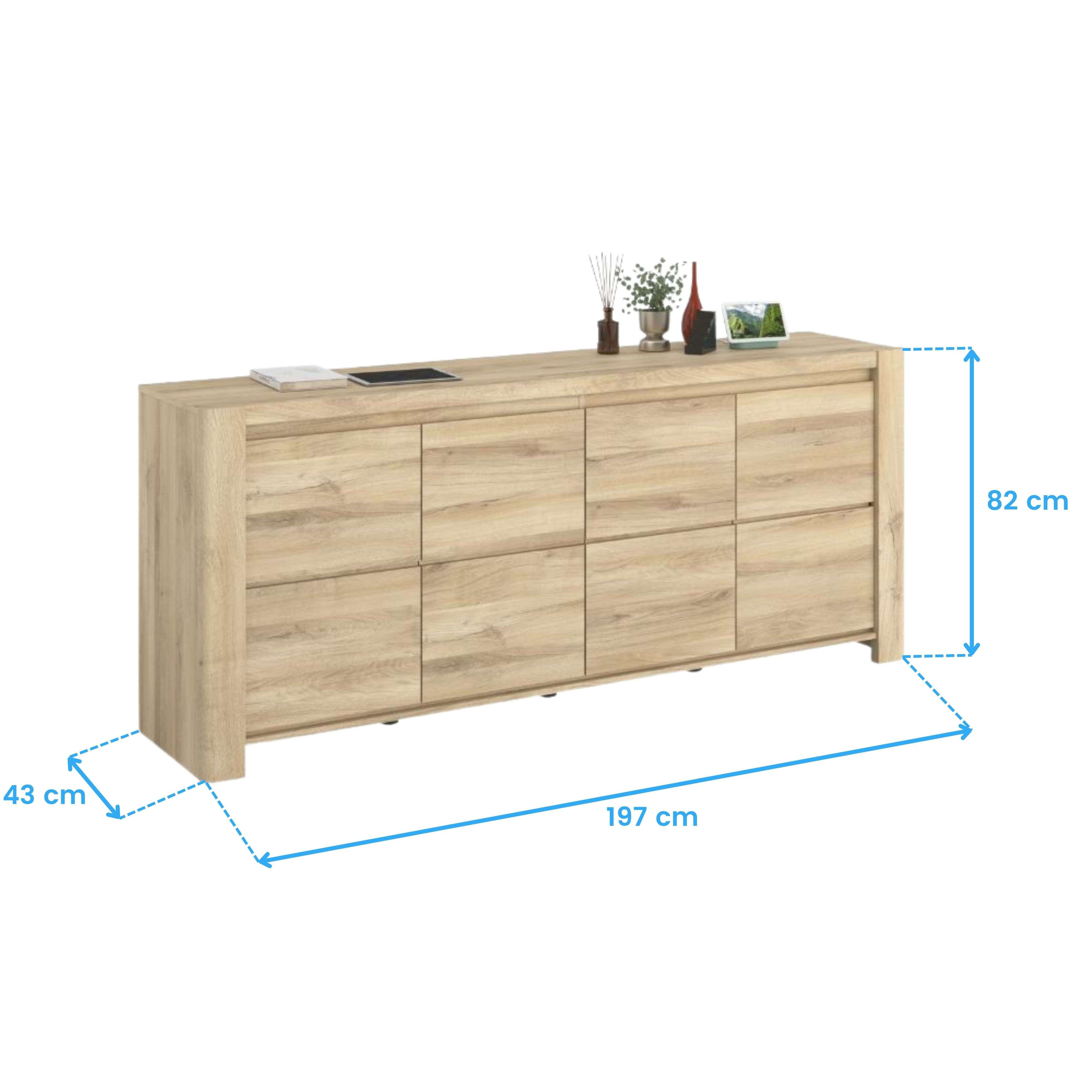 Un mueble de madera con ocho puertas y medidas.
