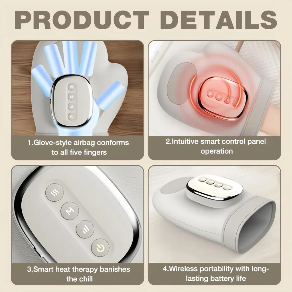 Produktdetails: Handschuh-Airbag, Bedienfeld, Wärmetherapie, kabellose Tragbarkeit.