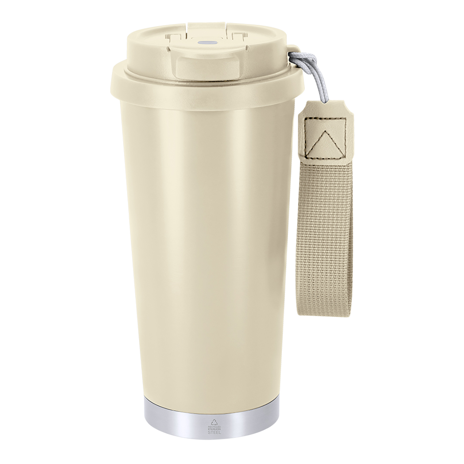 Ein beigefarbener Becher mit silbernem Boden und einem Tragegriff.