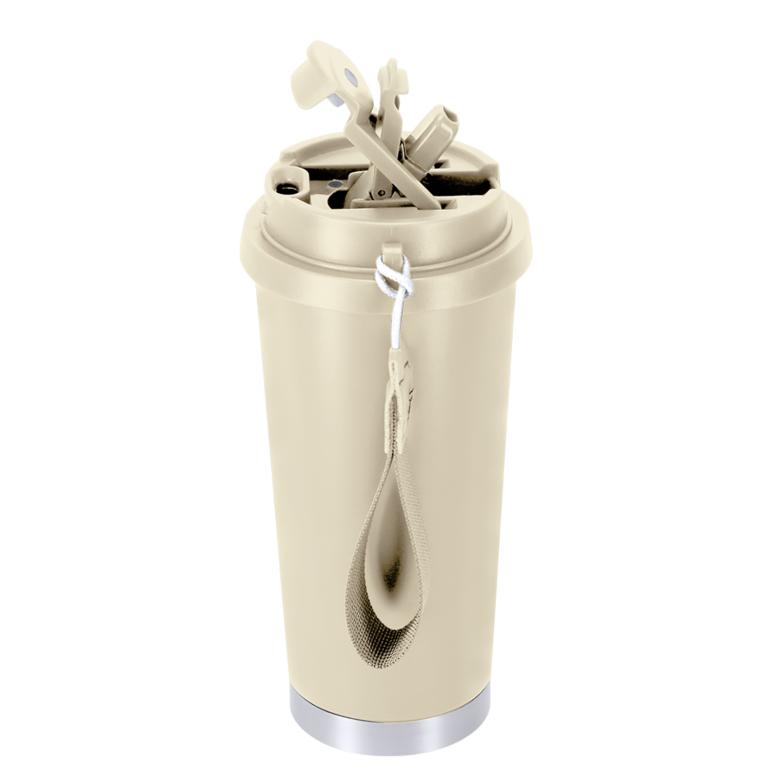 Eine beigefarbene Trinkflasche mit offenem Deckel und einem Tragegriff.
