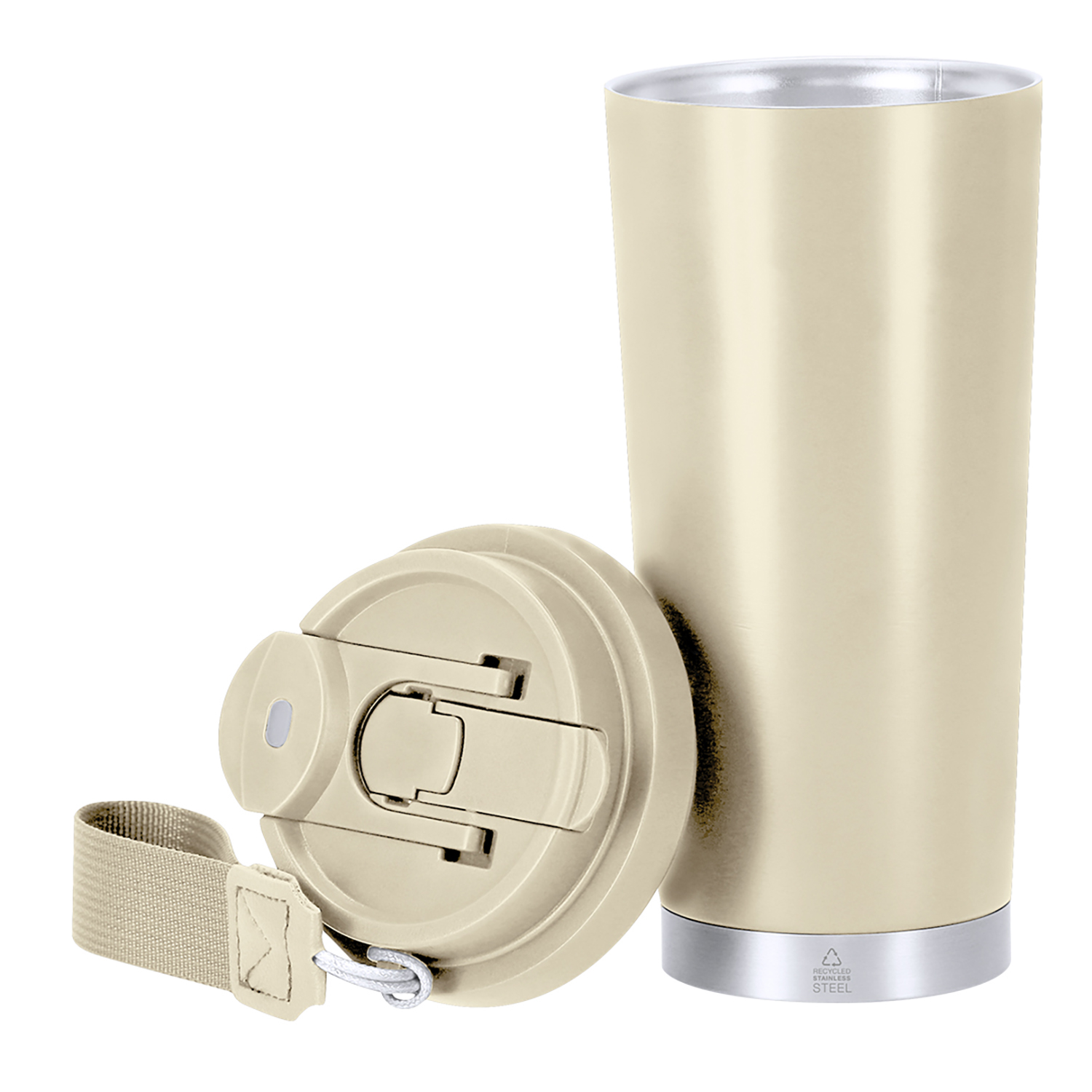 Beige Thermobecher mit offenem Deckel und Trageschlaufe. Boden aus Edelstahl.