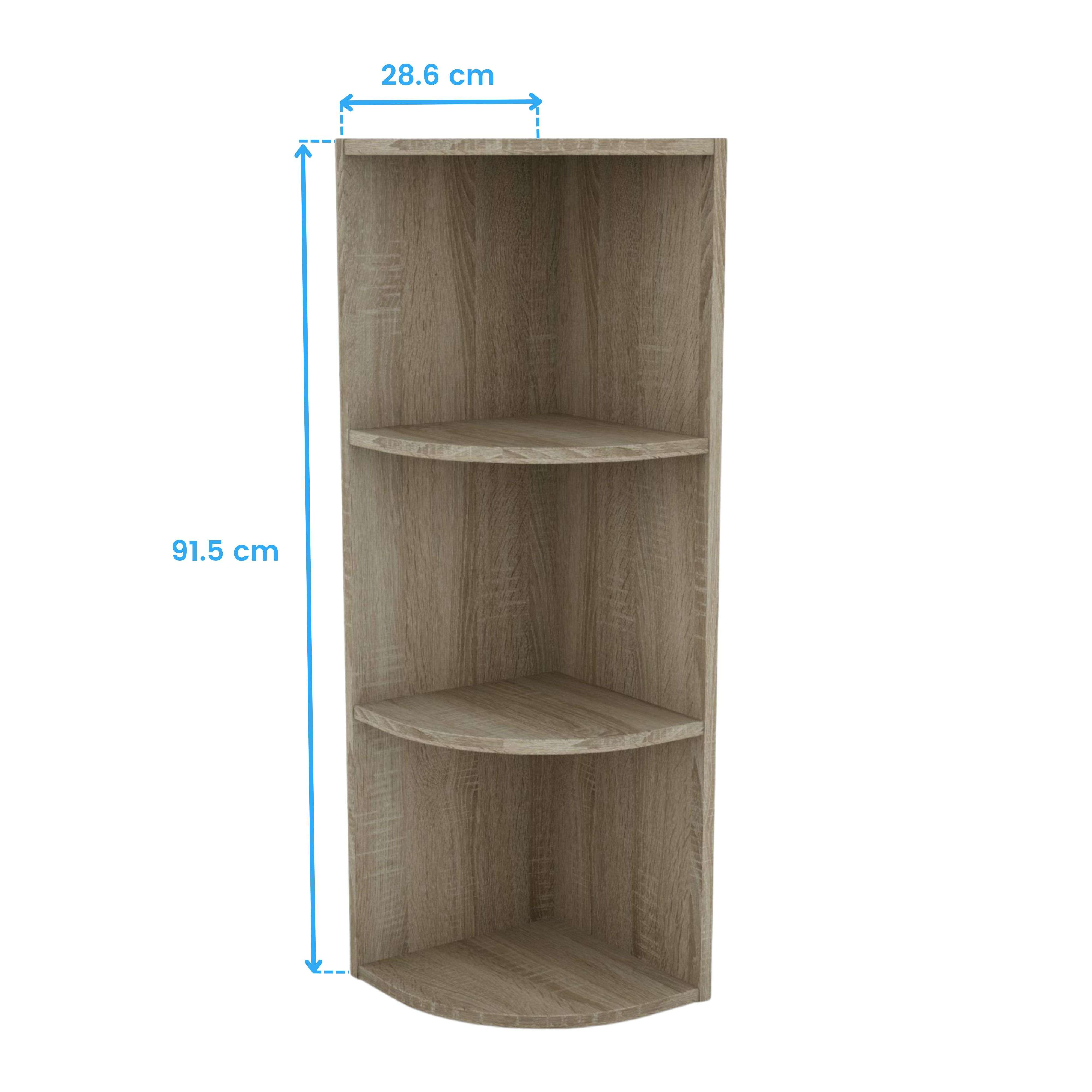 Un estante de esquina de madera con tres niveles, 91,5 cm de alto y 28,6 cm de ancho.