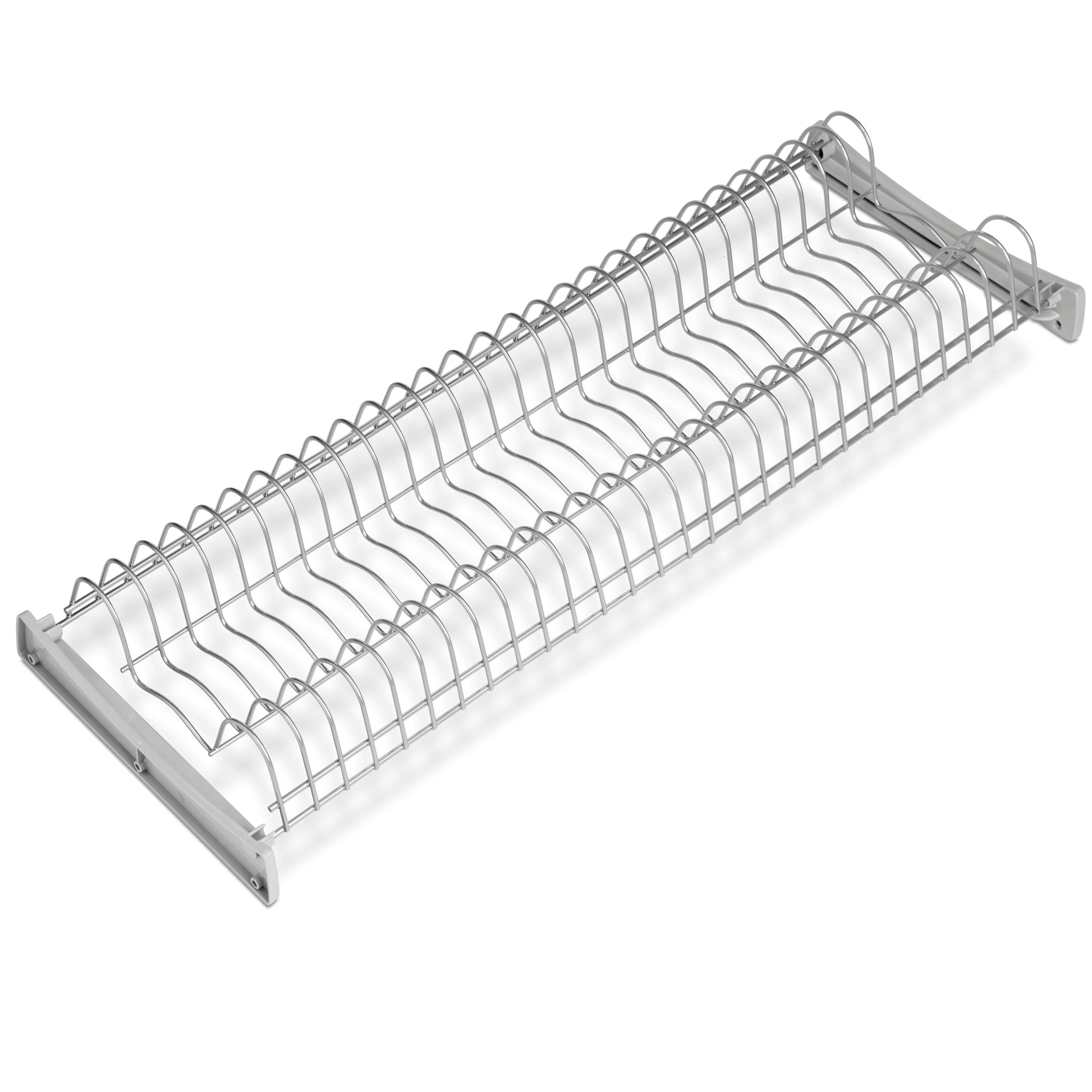 Un escurreplatos plateado sobre fondo blanco.