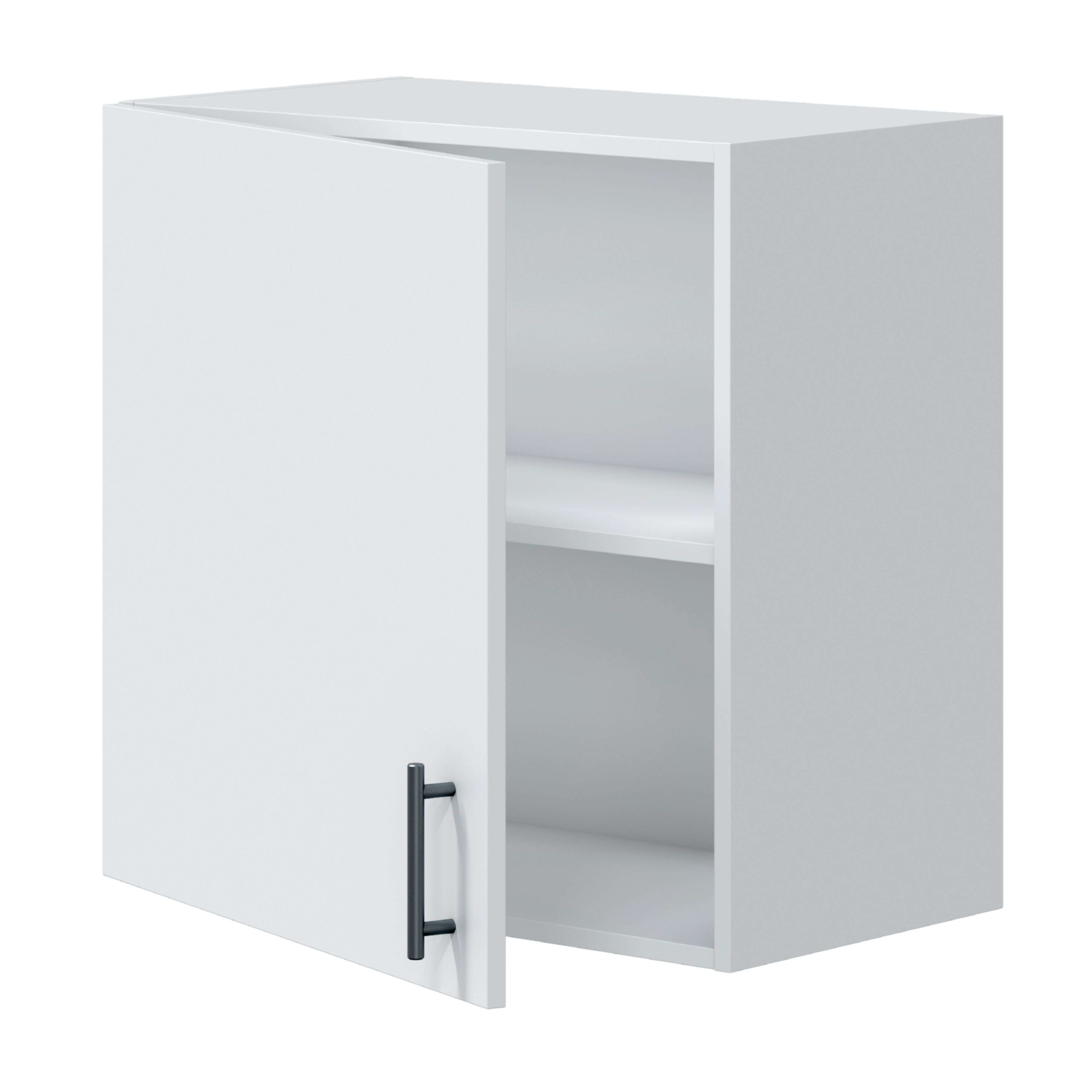 Un armario de pared blanco con una puerta abierta y un tirador oscuro.