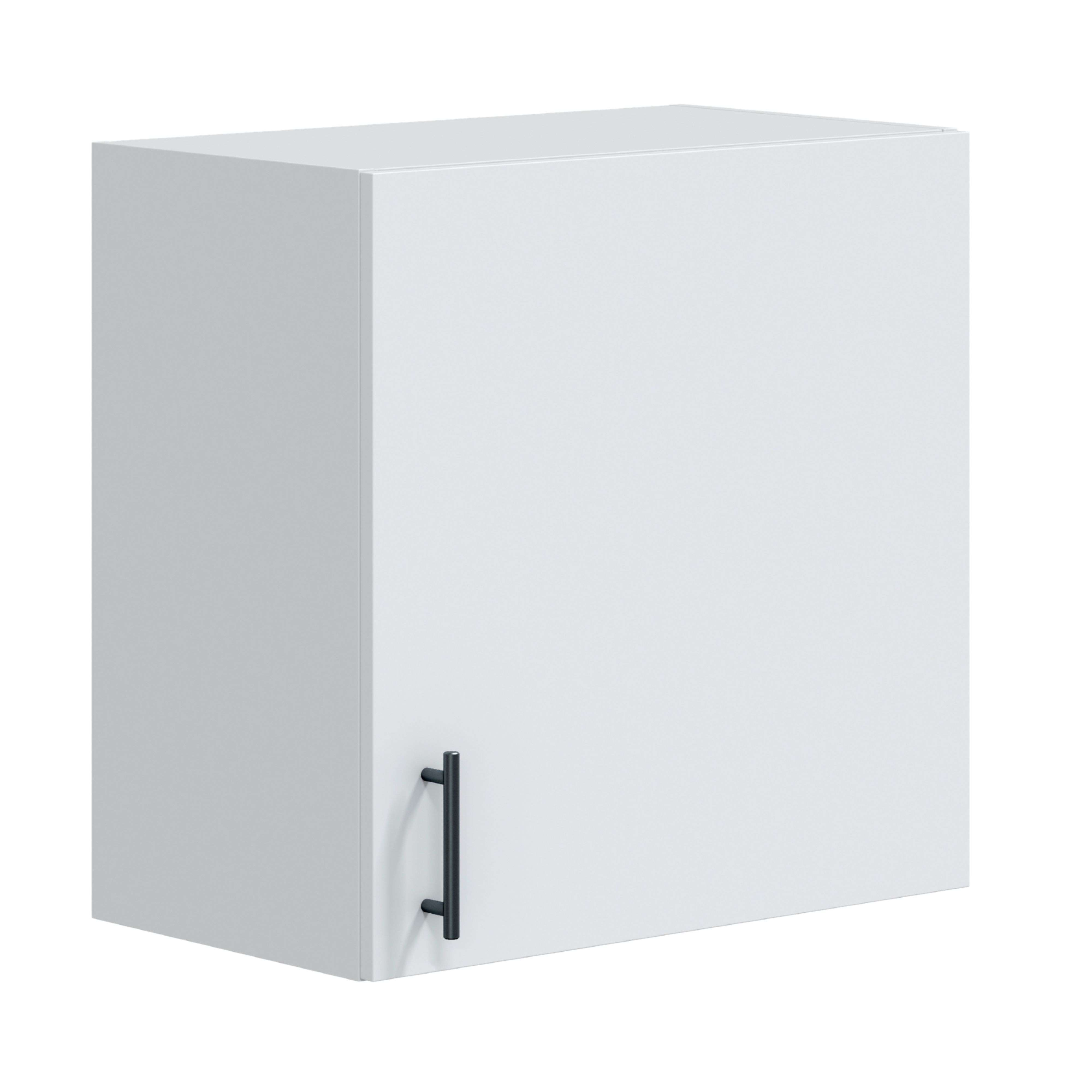 Un armario de pared blanco con tirador negro.