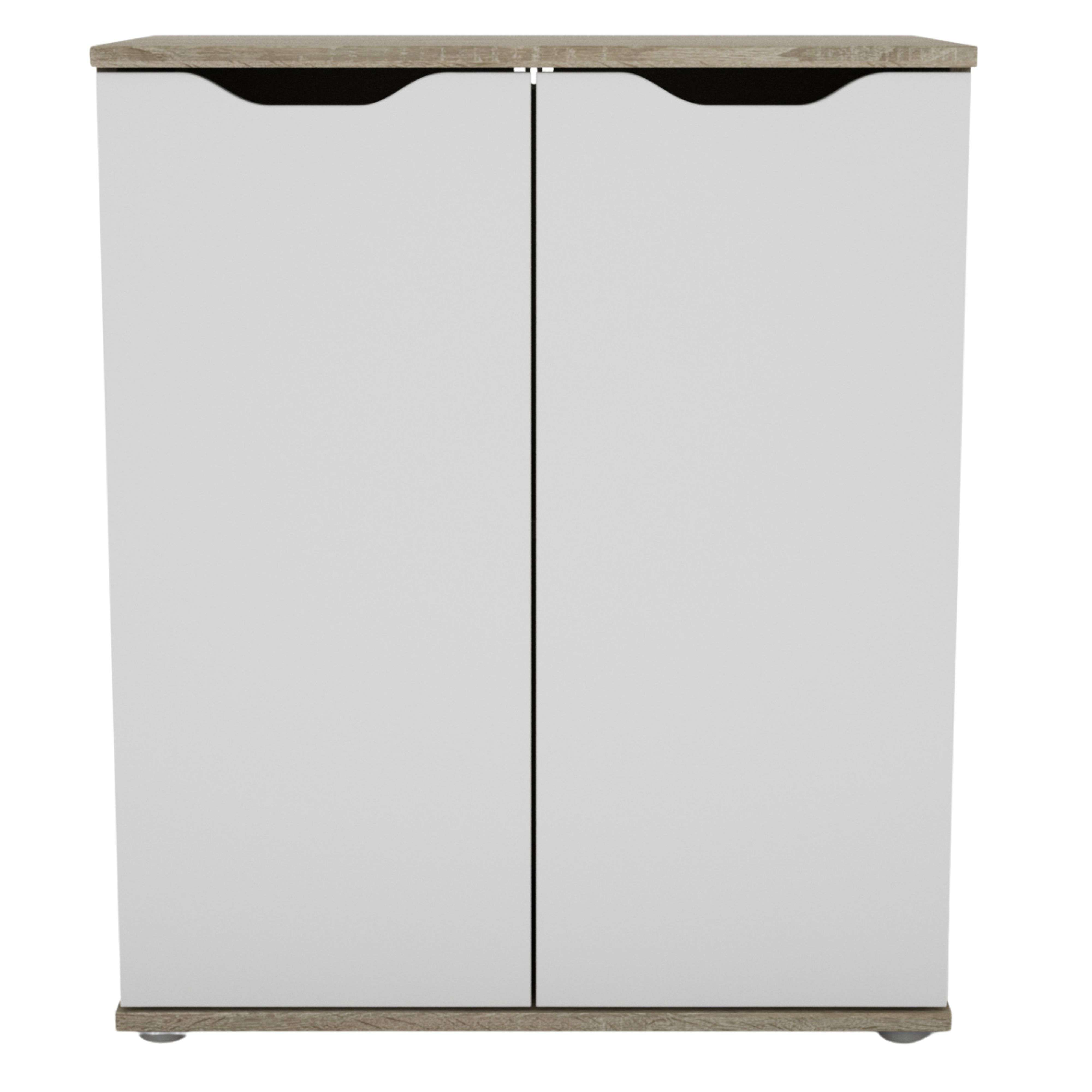 Un armario blanco con tapa y base de madera, dos puertas y ruedas.