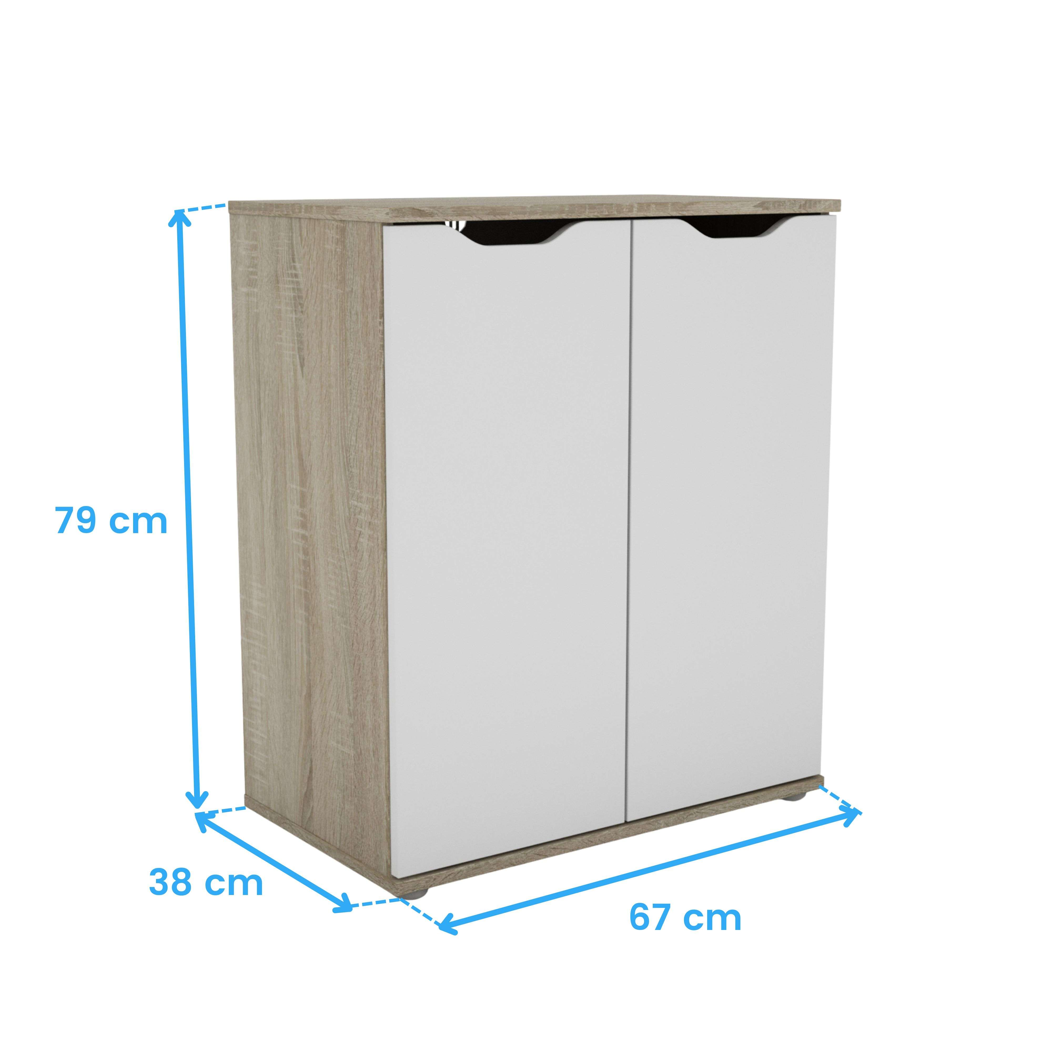 Un armario blanco con detalles de madera, mide 79x67x38 cm.