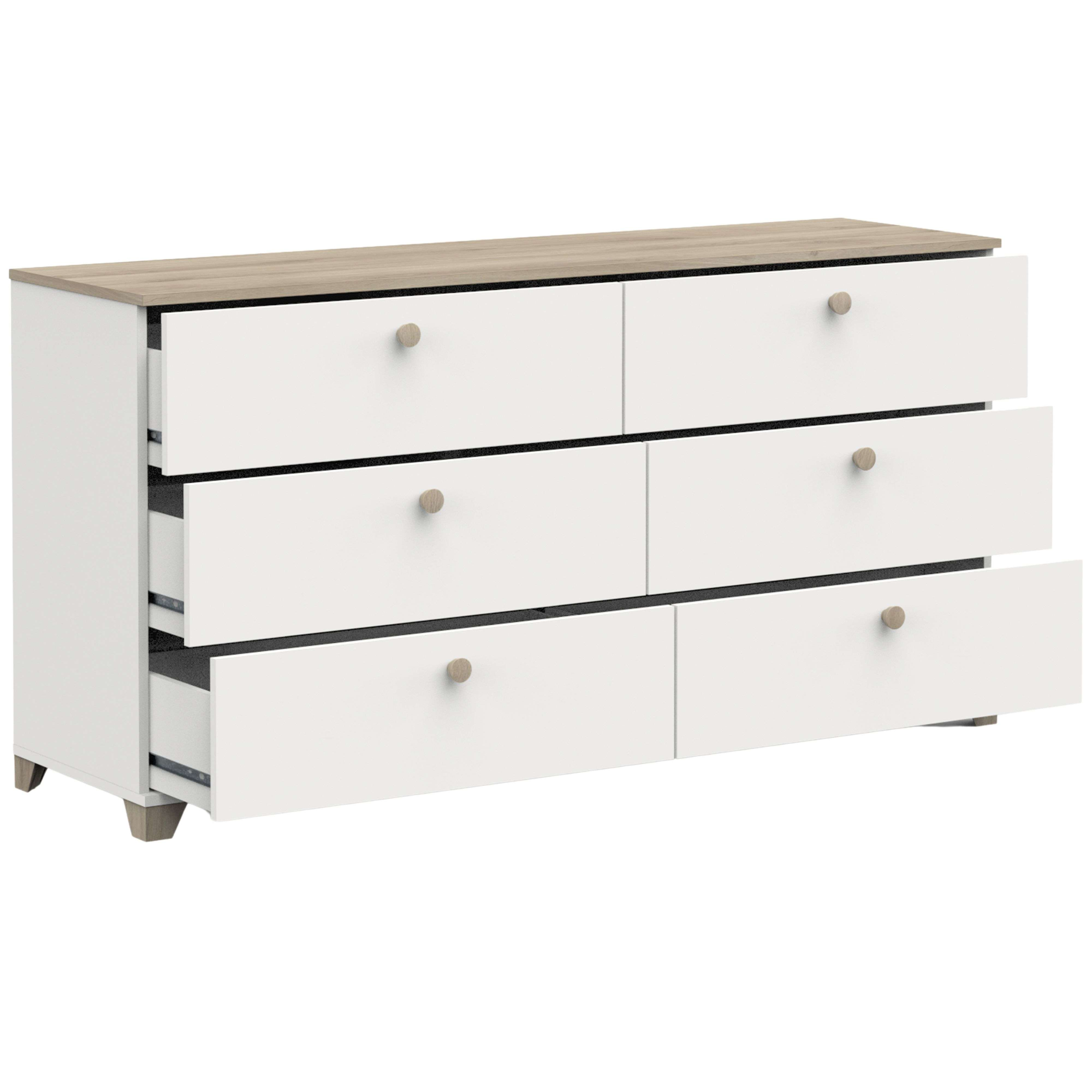 Cómoda blanca con tapa de madera y seis cajones con tiradores de madera.