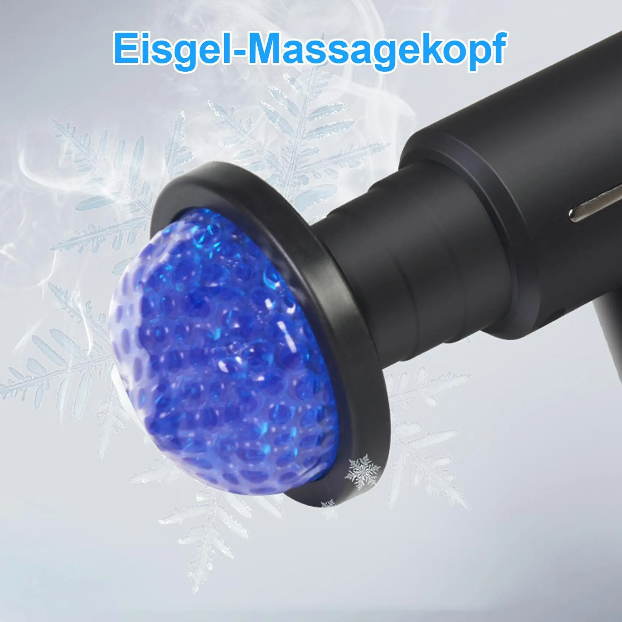 Ein schwarzes Massagegerät mit einem blauen Kühleinsatz und Schneeflocken-Grafiken.