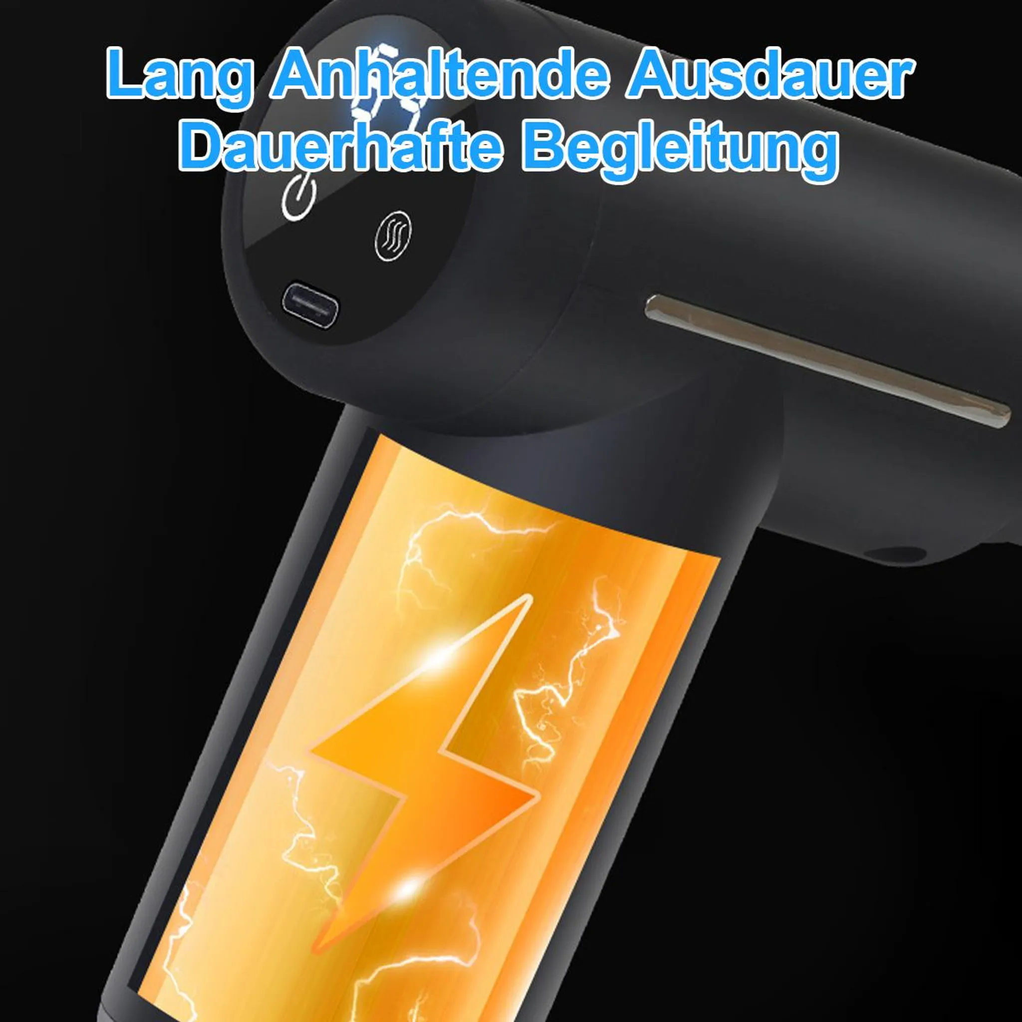 Schwarzes Gerät mit beleuchtetem Blitz-Symbol und deutschen Text.