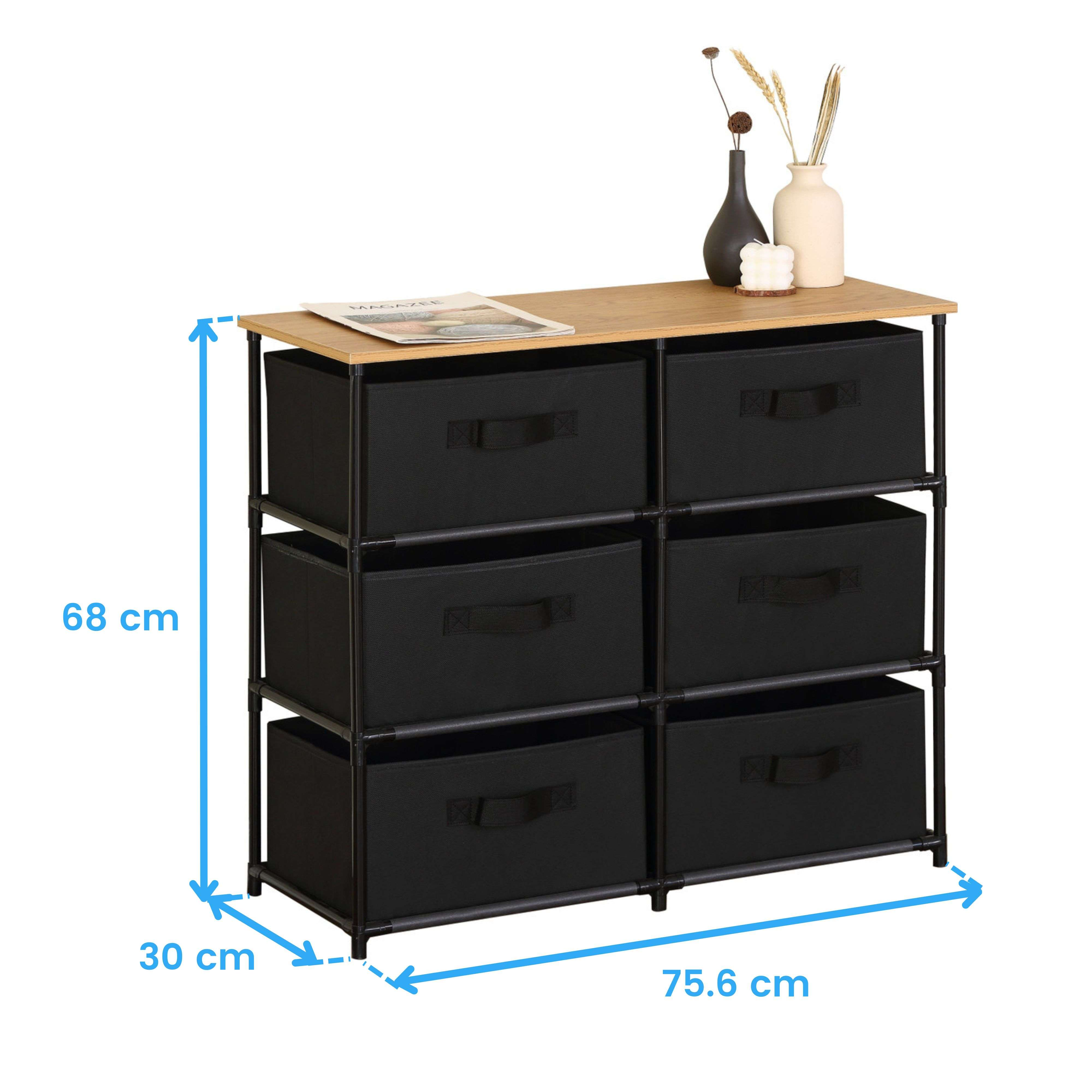 Cómoda con seis cajones de tela negros y tapa de madera.